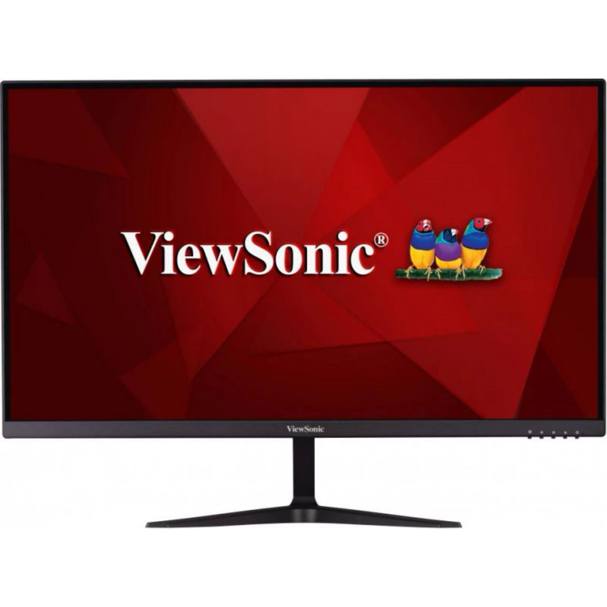 Monitor ViewSonic, fondo rojo con texto 'ViewSonic' blanco y logo. Soporte negro.