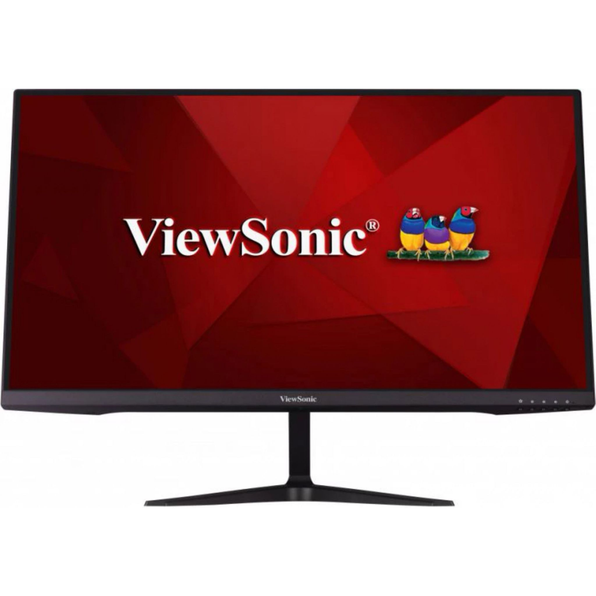 Un monitor ViewSonic con fondo rojo y el logo de la marca y aves.