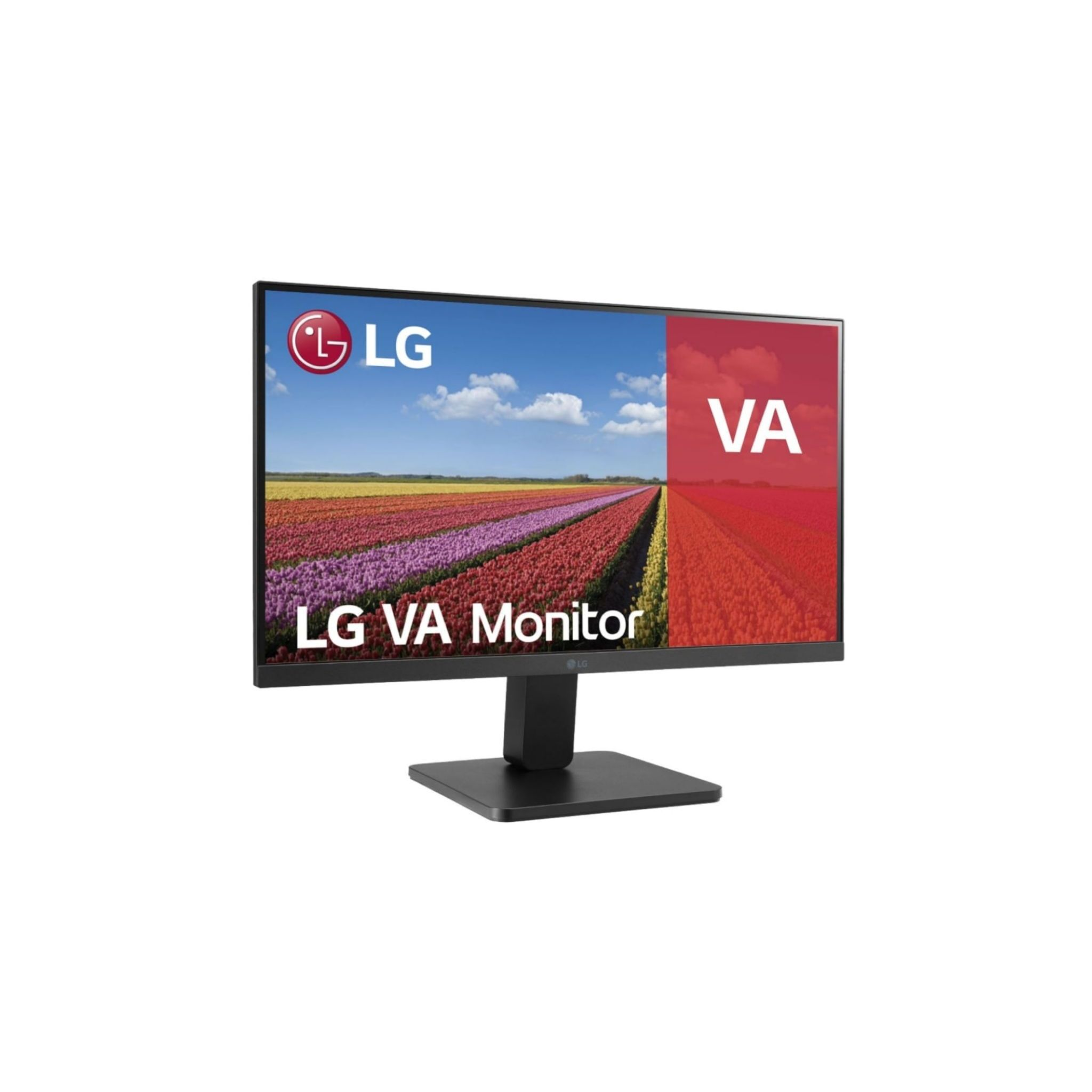 Monitor komputerowy z kolorowym obrazem pola kwiatów. Tekst: Monitor LG VA.