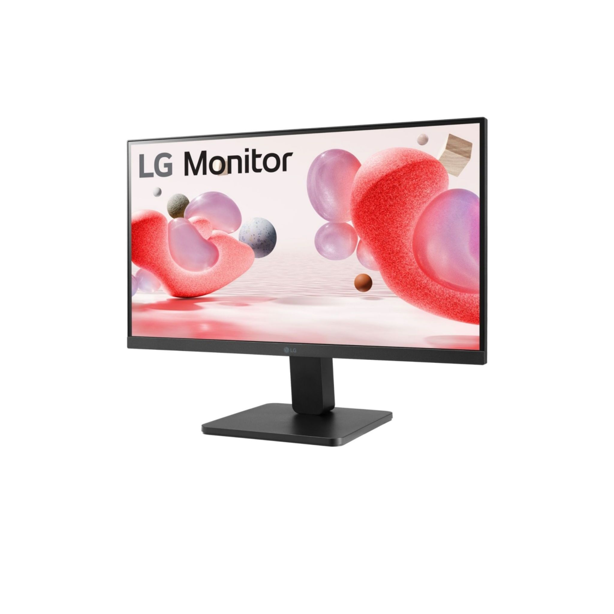 Czarny monitor LG z czerwonymi i różowymi abstrakcyjnymi kształtami na ekranie. Czarna podstawa i ramka.