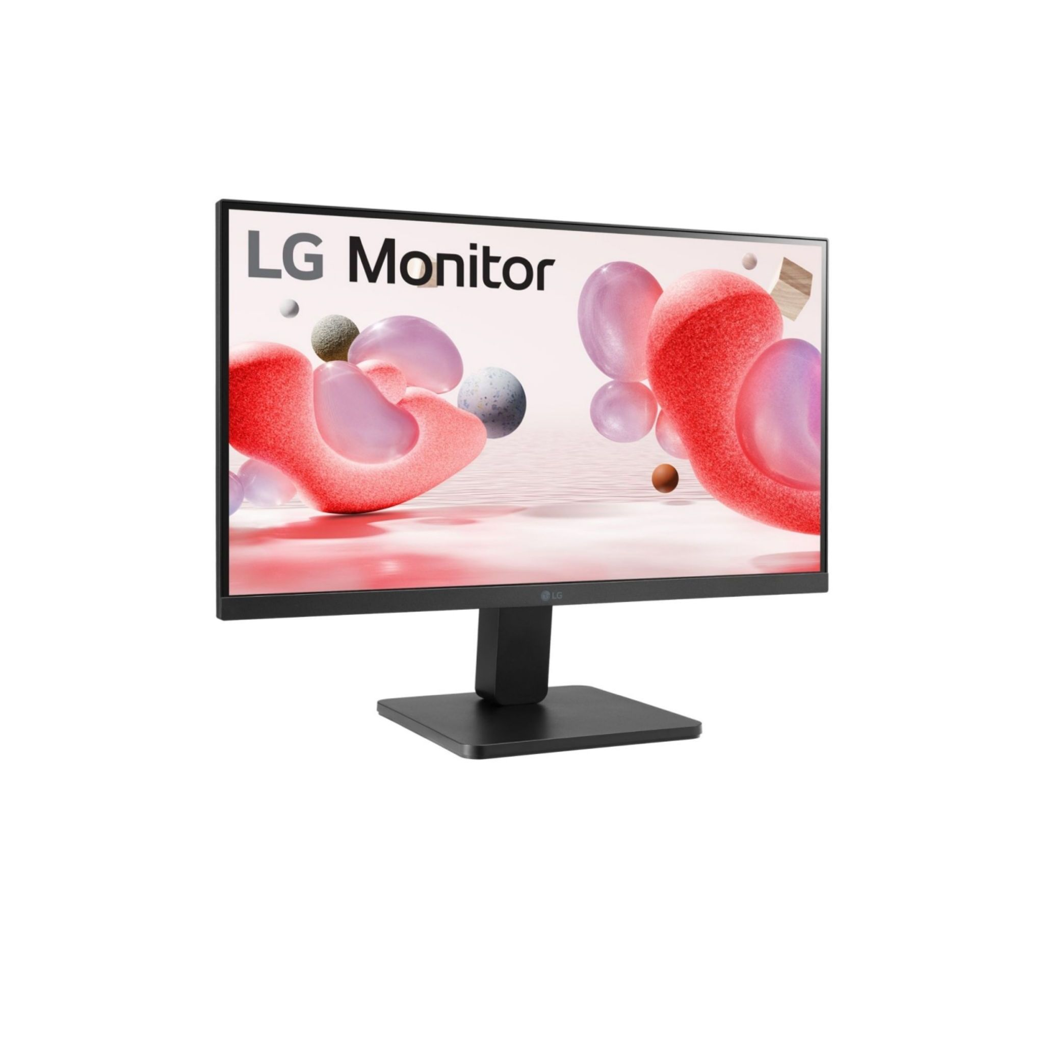 Monitor LG wyświetlający kolorowy, abstrakcyjny obraz. Czarna podstawa i ramka. Różowe i szare kształty.