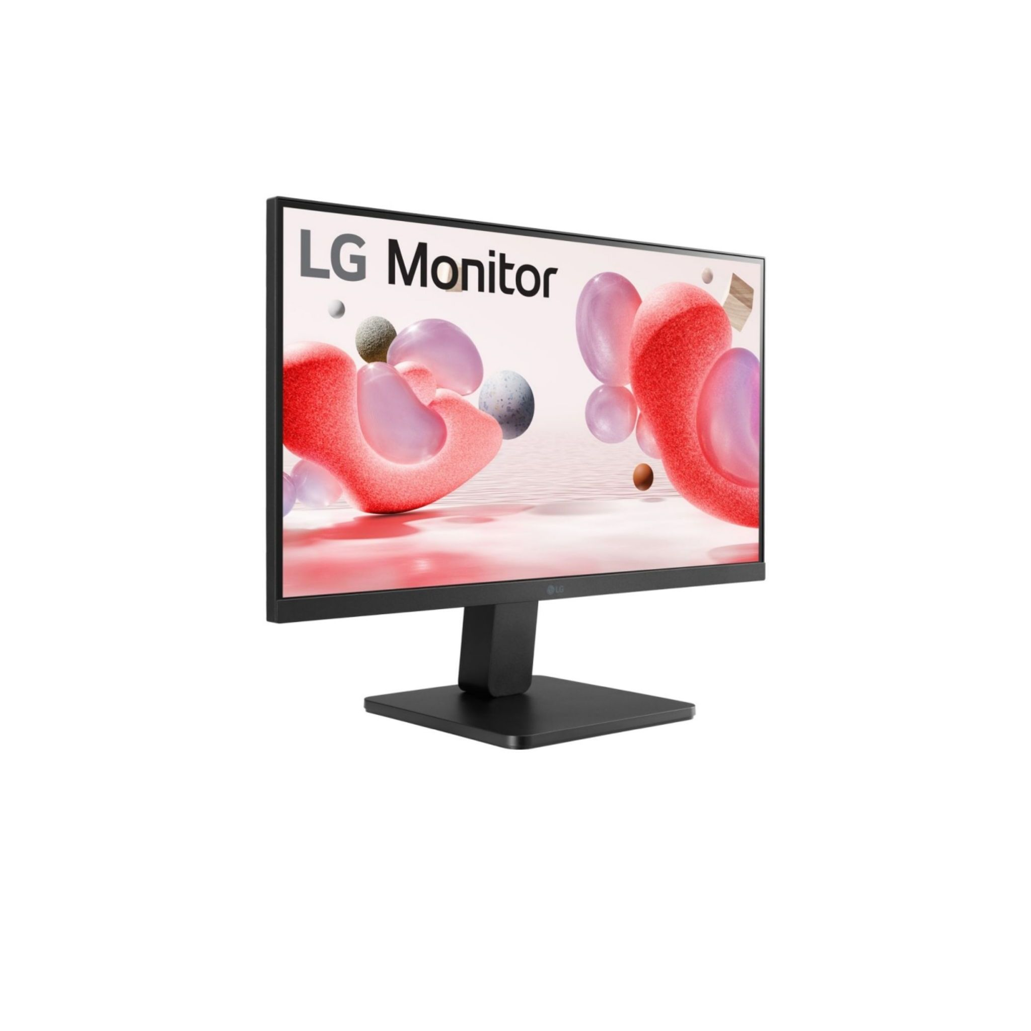Monitor LG z abstrakcyjnymi czerwonymi i różowymi kształtami na ekranie. Monitor ma czarną ramkę i podstawę.