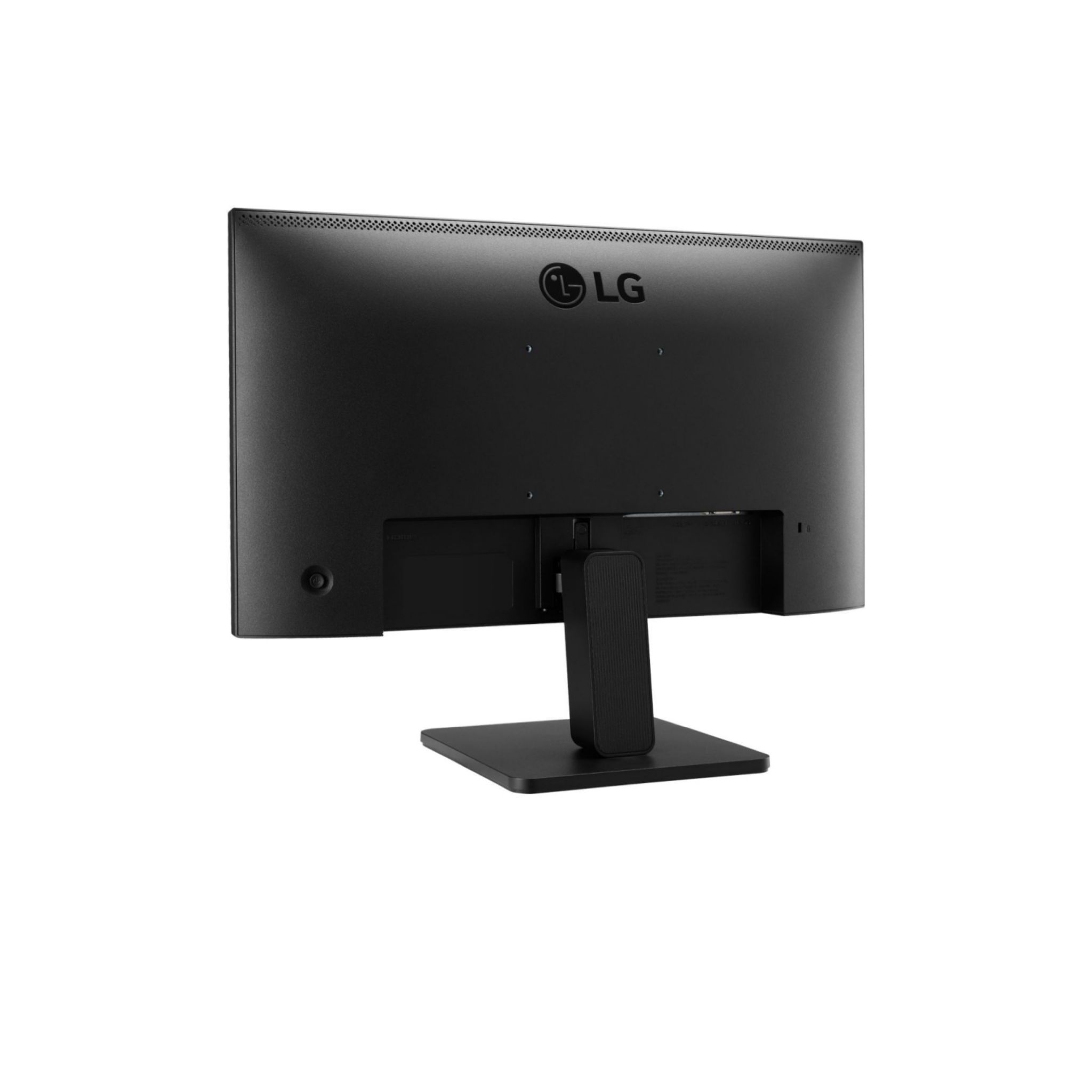 Czarny monitor komputera z tyłu z logo LG i podstawą na białym tle.