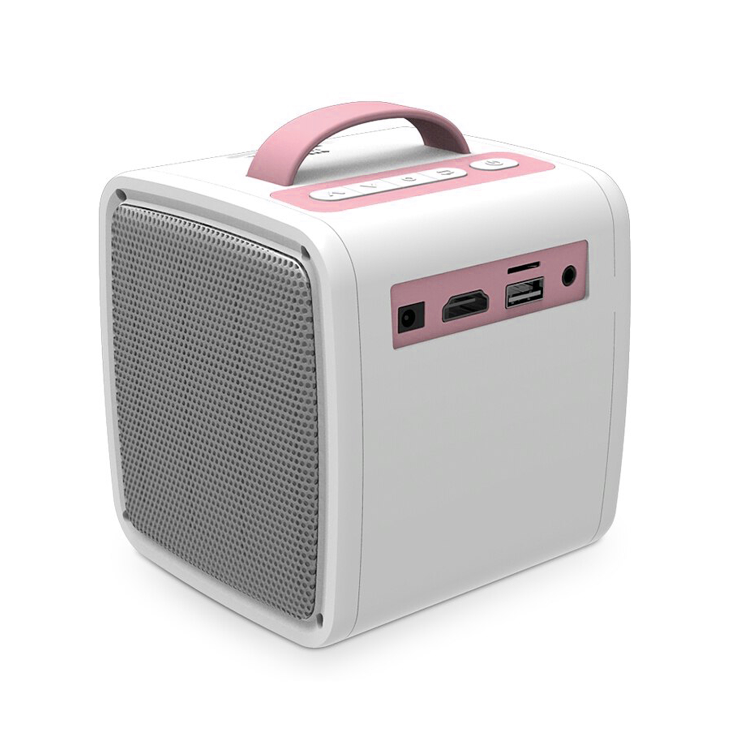 Altavoz blanco y rosa en forma de cubo con puertos y asa. Rejilla de altavoz gris.
