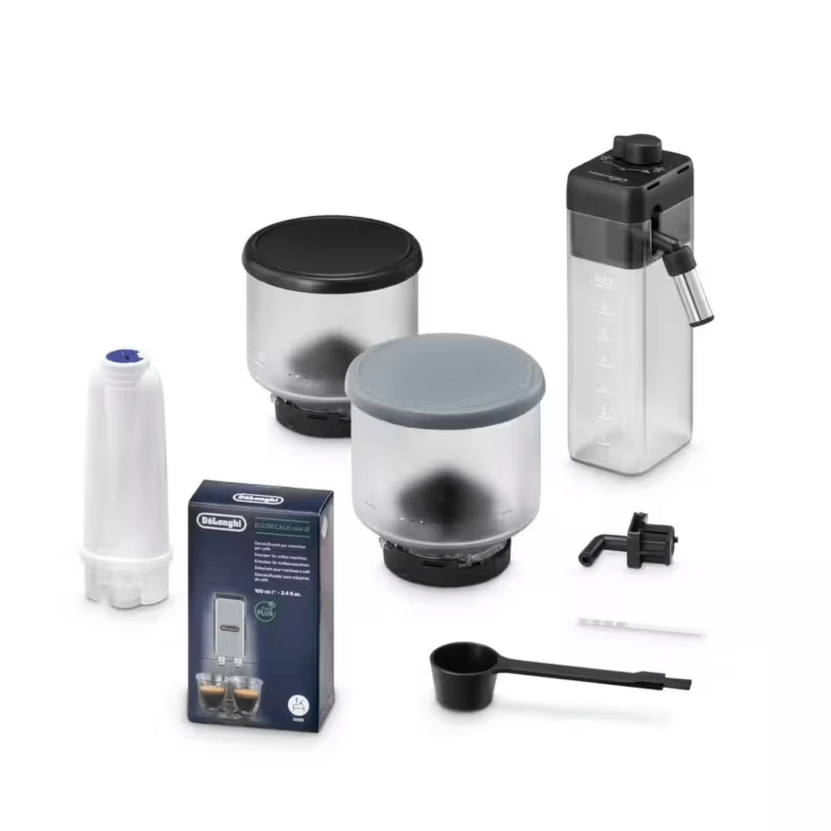 Parti della macchina del caffè. Filtro bianco, serbatoi trasparenti, componenti neri e grigi.