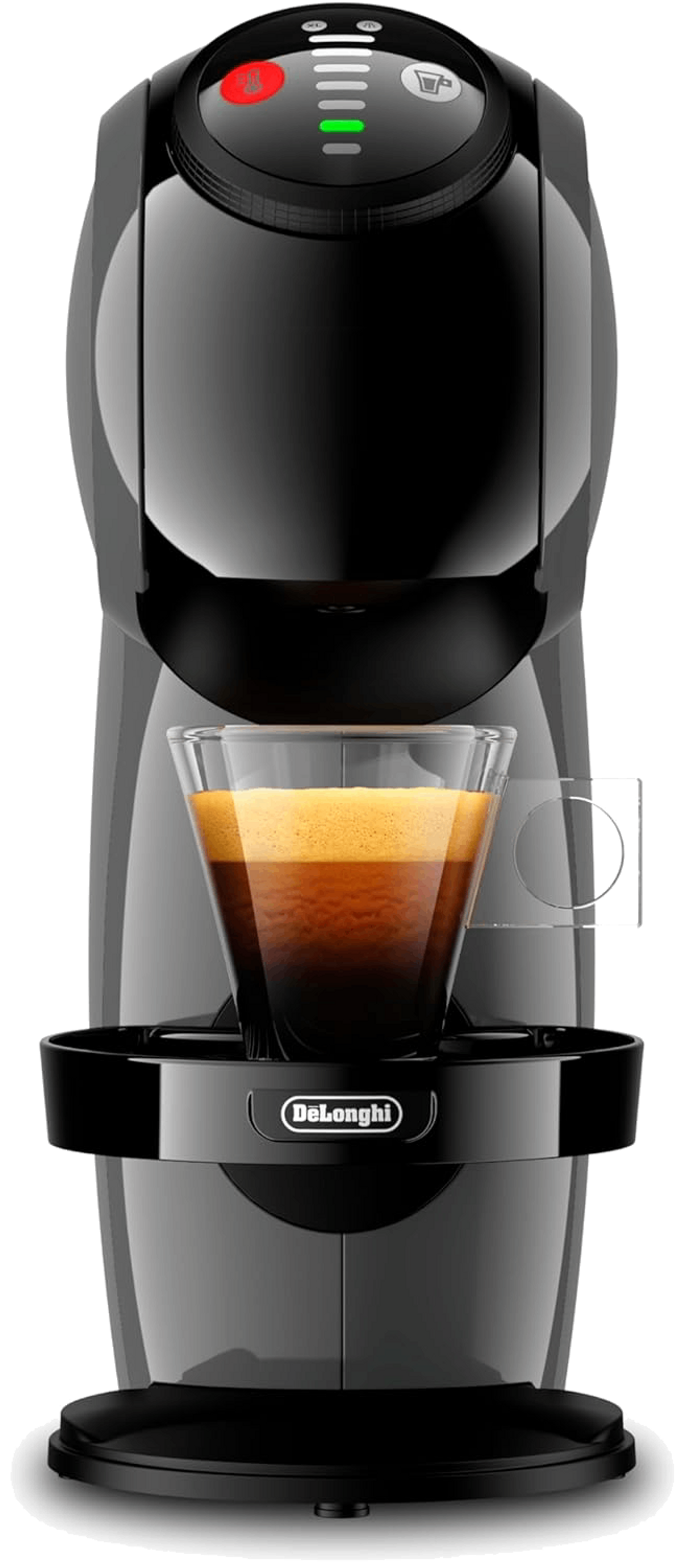Black coffee machine with a glass cup of coffee and a black base.