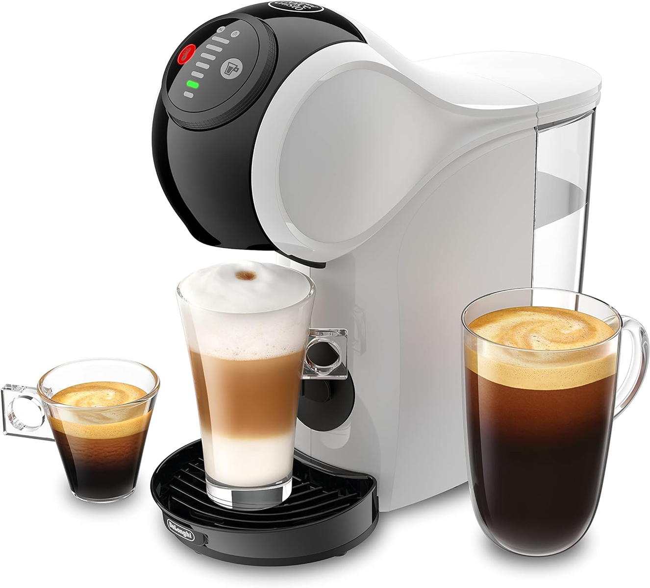 Weiß-schwarze Kaffeemaschine mit drei Kaffeegläsern. Ein Latte, Espresso und Kaffee.