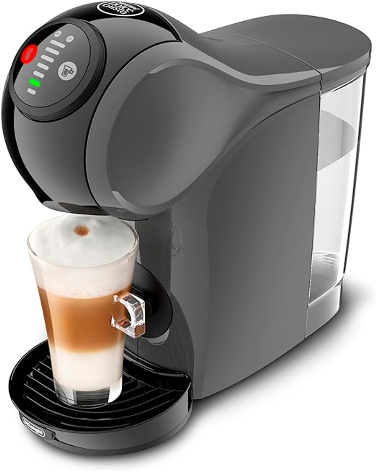 Black coffee machine, with a glass of latte and a water tank.