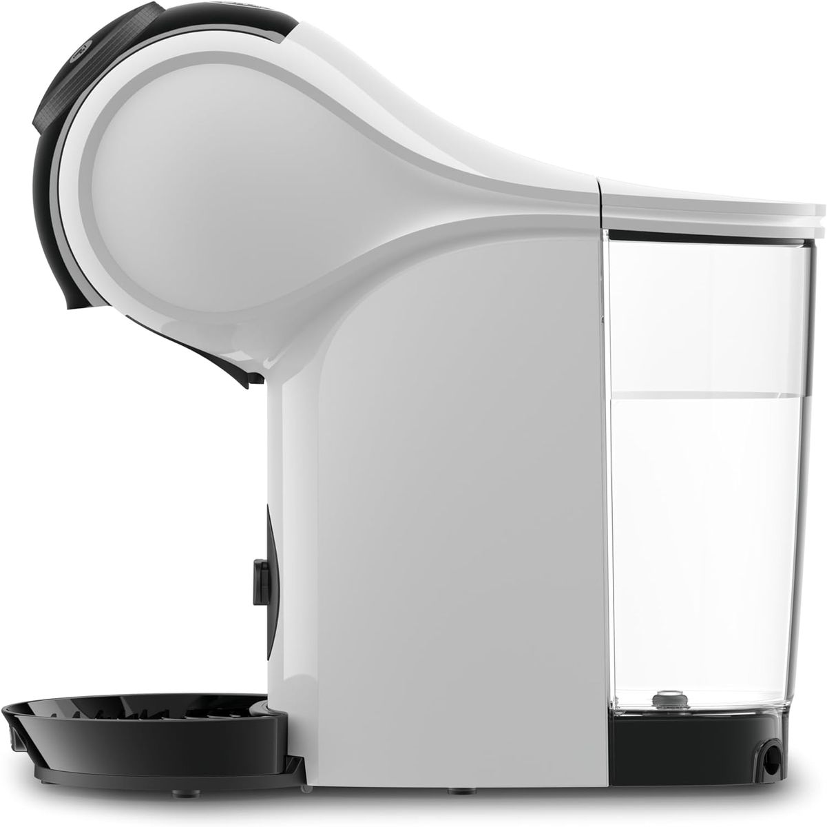 Eine weiß-schwarze Kaffeemaschine mit Wassertank und schwarzem Tablett.