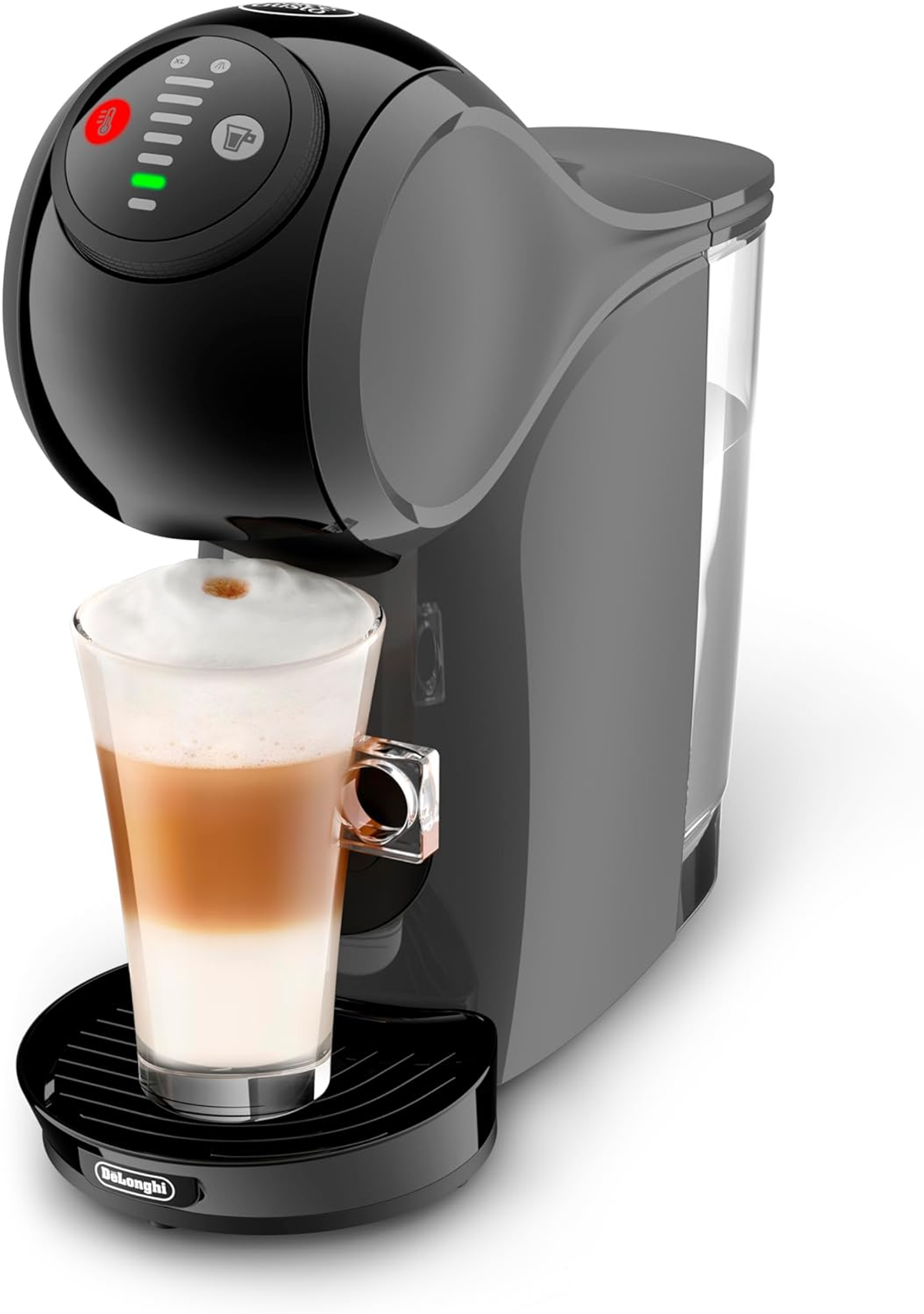 Black and gray coffee maker with a glass filled with latte, with a black base.