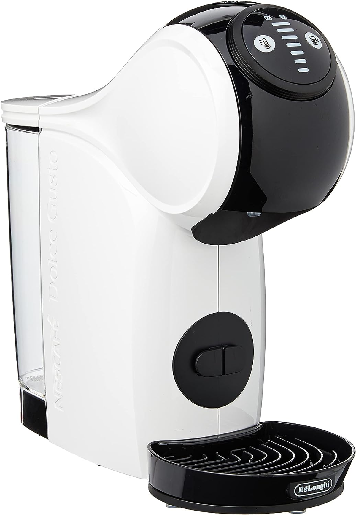Weiß-schwarze Kaffeemaschine mit Wassertank und schwarzem Sockel.