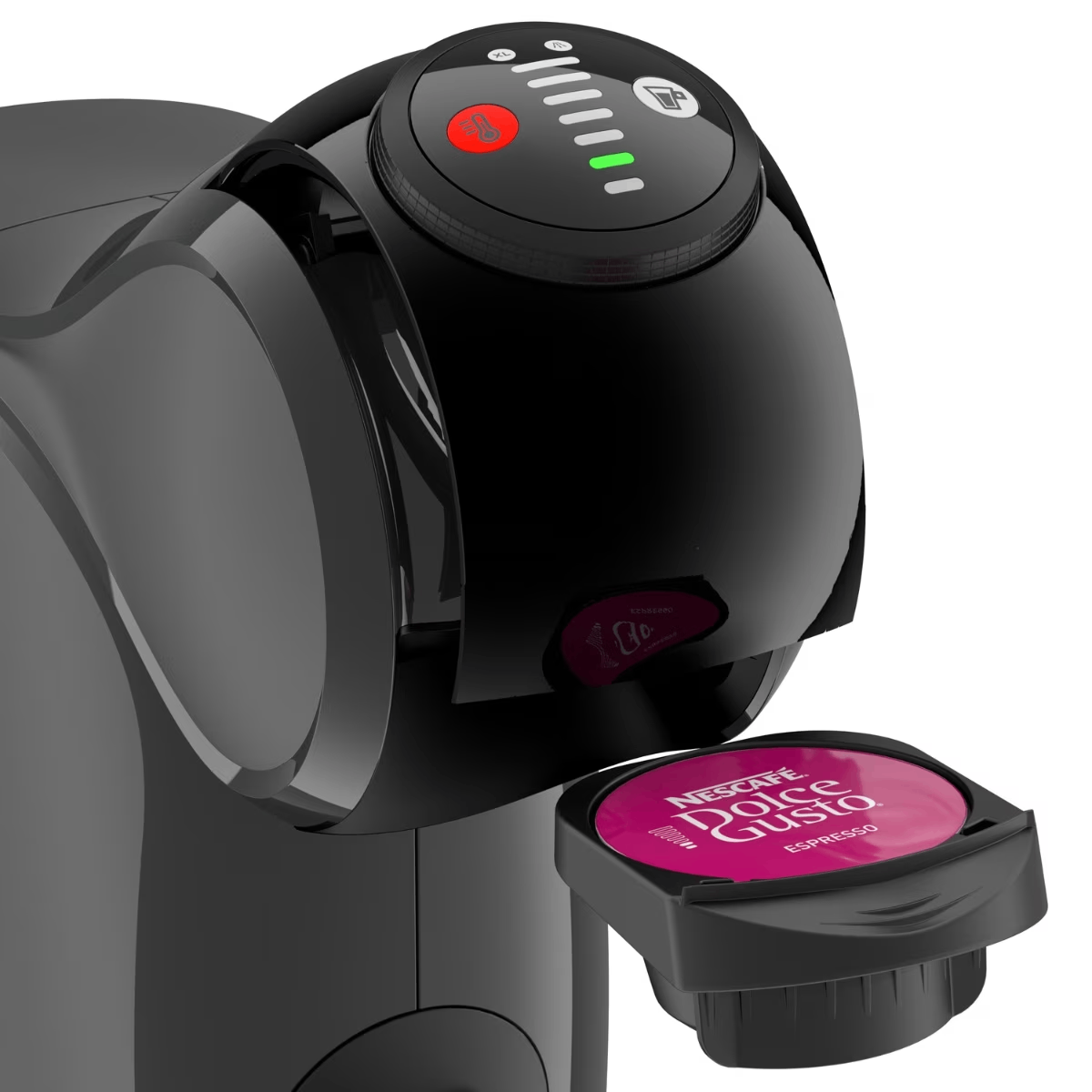 Black coffee machine with a Dolce Gusto pod. Red light indicates brewing.