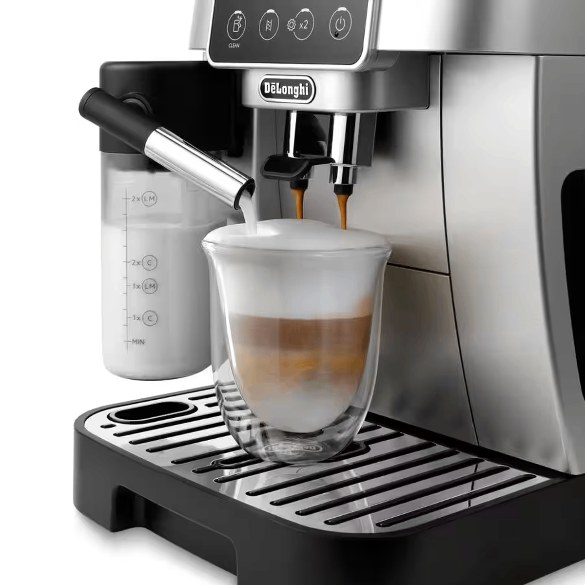 Espresso machine making coffee into a glass. Milk frother on the side. Stainless steel design.