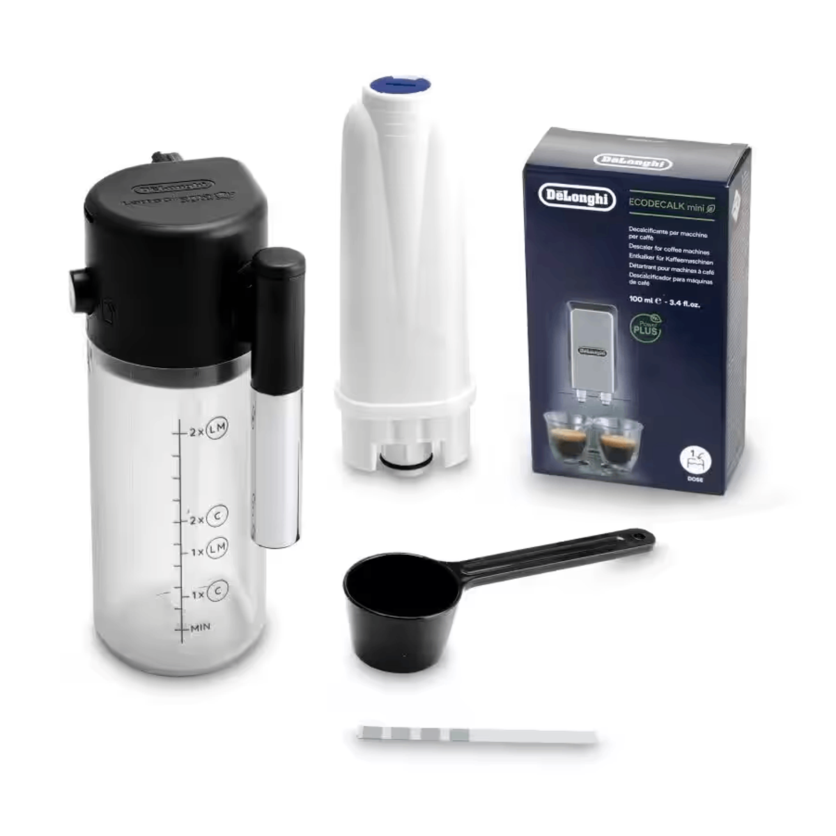 Coffee machine descaling kit. Clear and black containers, scoop, and filter. Boxed set.