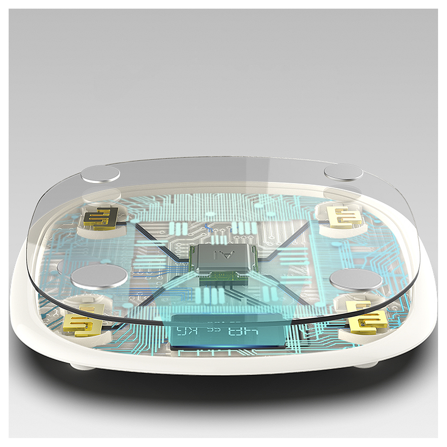 Una bilancia circolare trasparente con display digitale in chilogrammi e circuito interno.