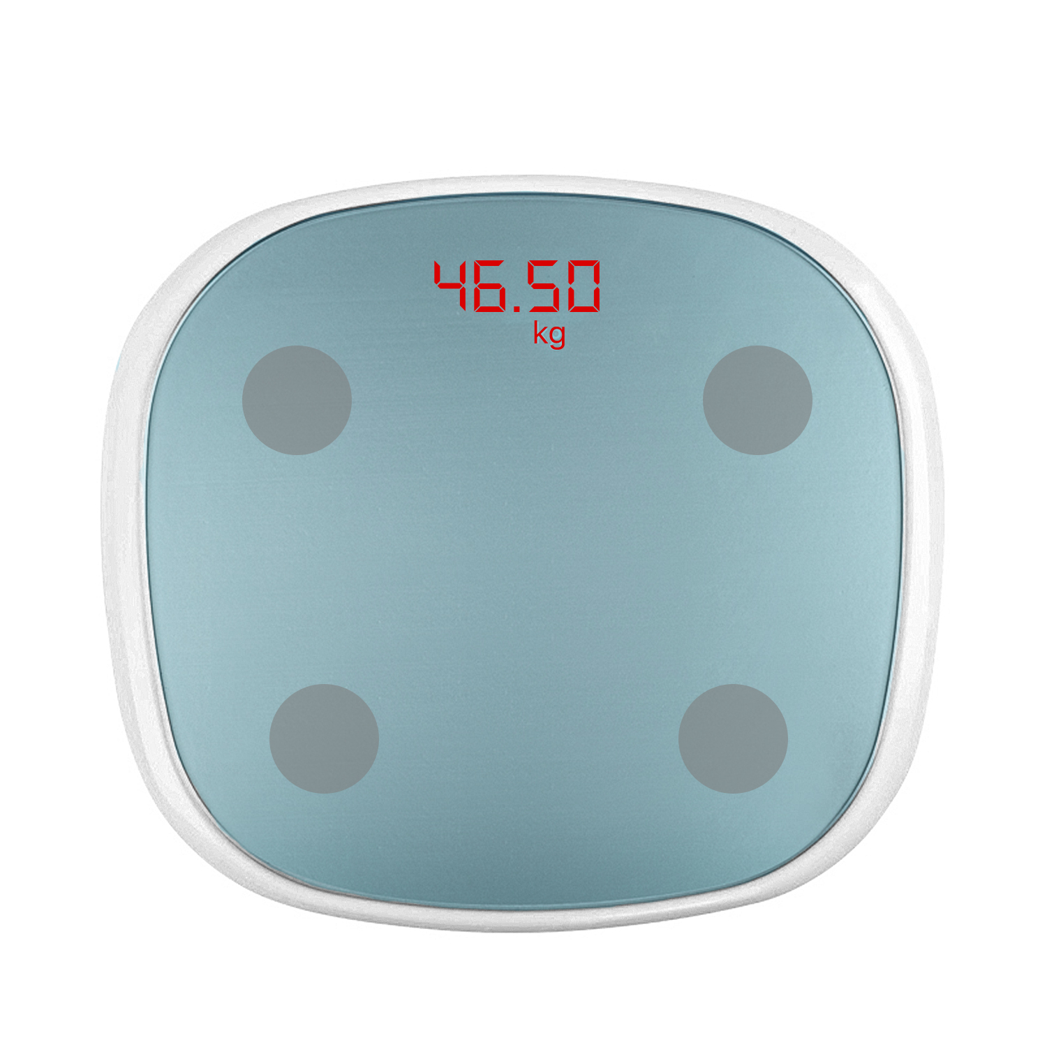 Una bilancia digitale blu e bianca con un centro turchese. Visualizza 46,50 kg su un display rosso.