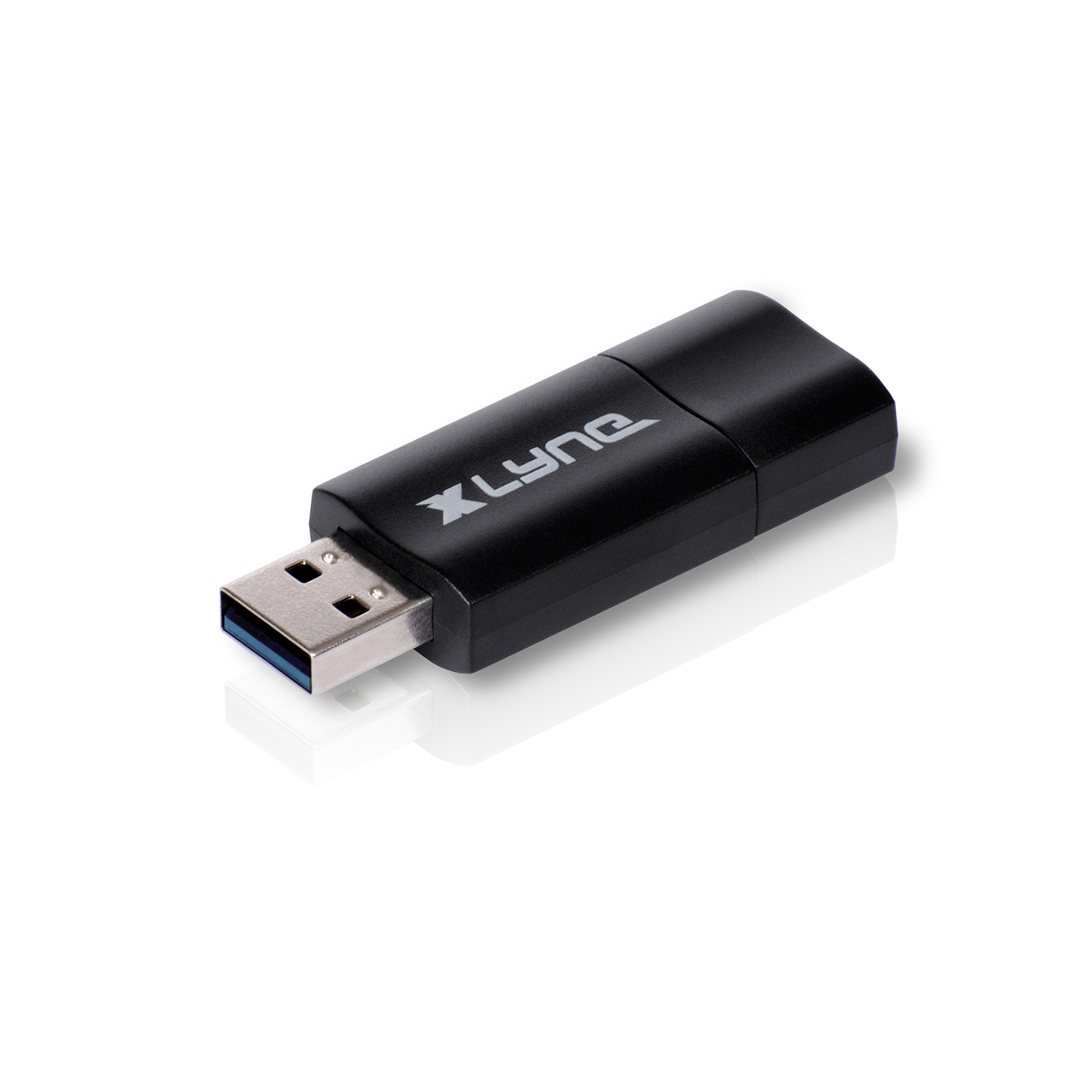 Una chiavetta USB nera con un connettore USB blu.