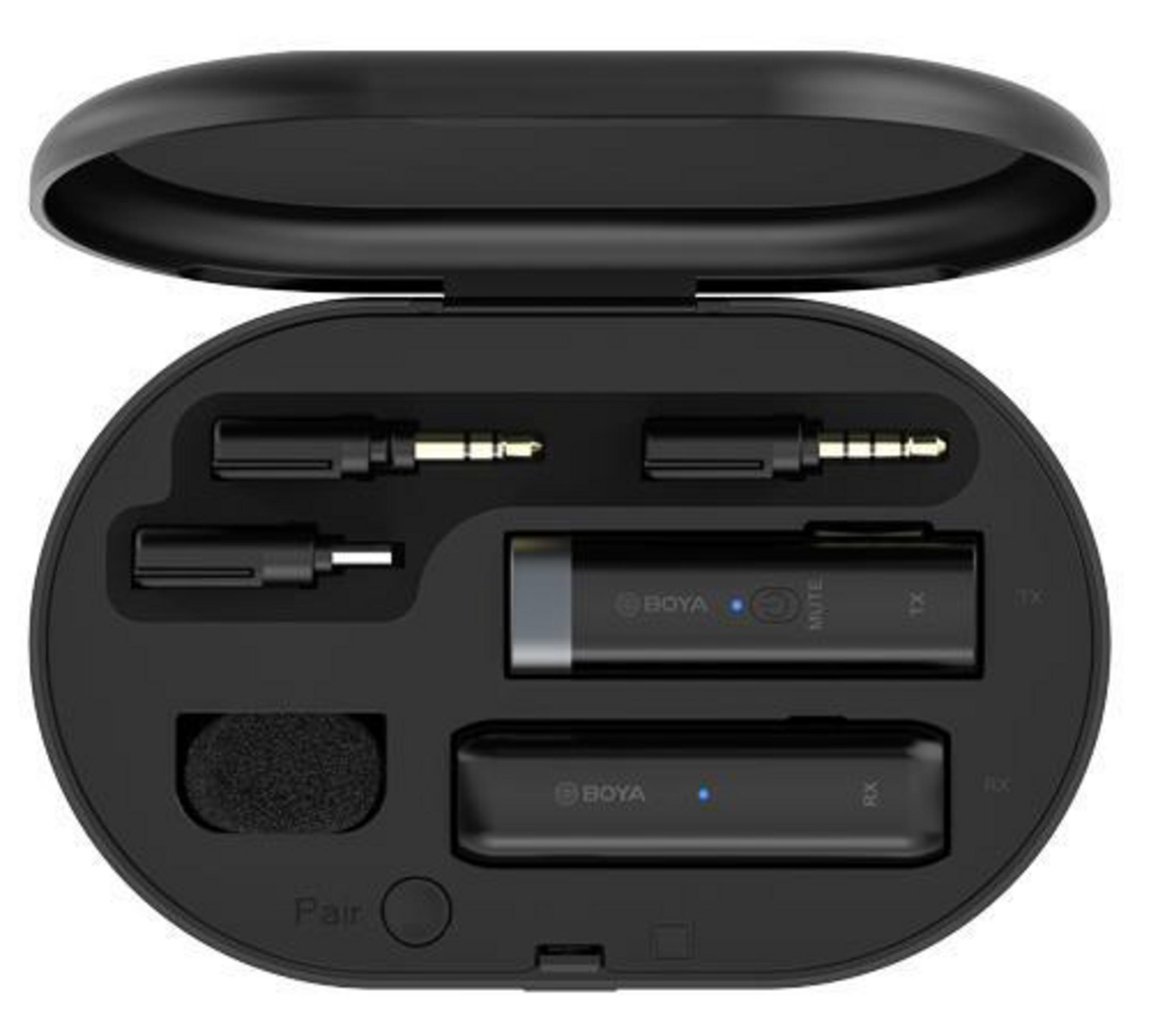 Custodia nera con componenti microfono wireless. Include ricevitore e trasmettitore.
