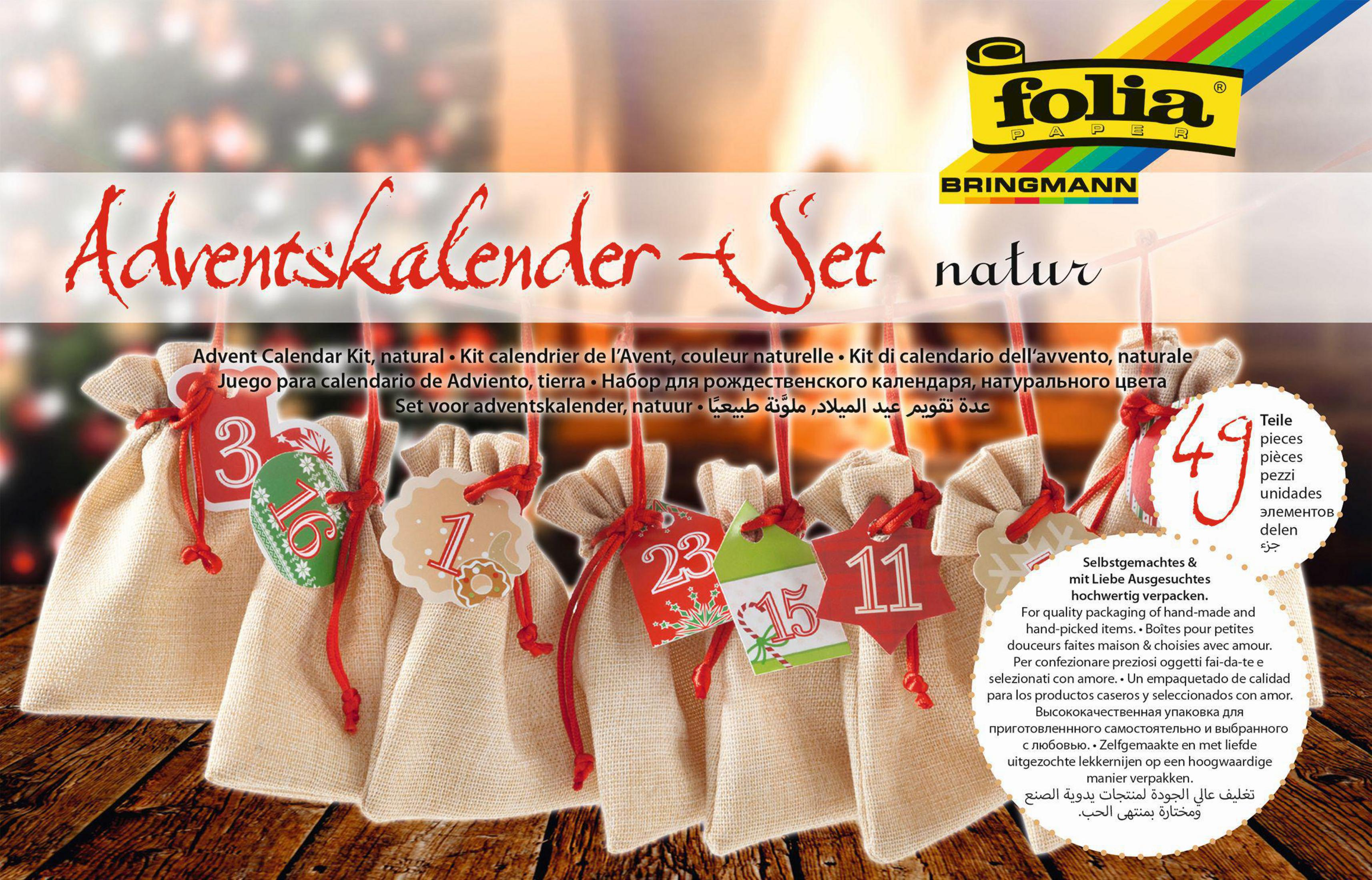 Adventskalender-Set mit nummerierten Beuteln. Festliches Design mit weihnachtlichen Elementen.