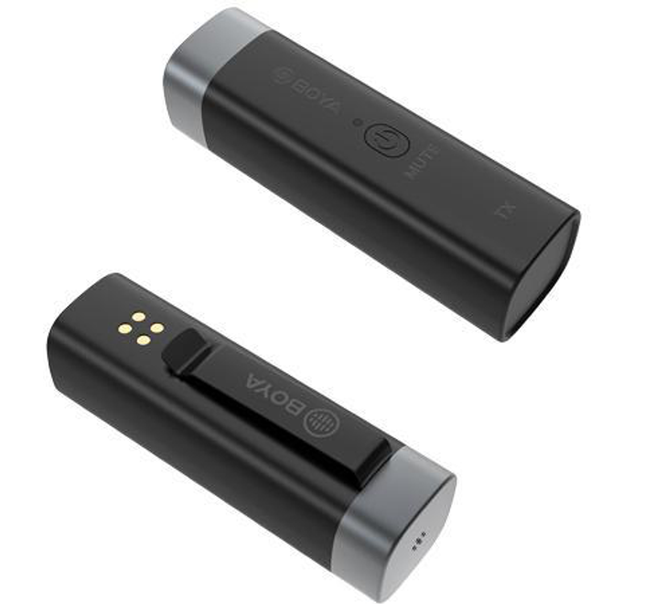 Due microfoni wireless Boya neri. Uno ha una clip e l'altro un pulsante muto.