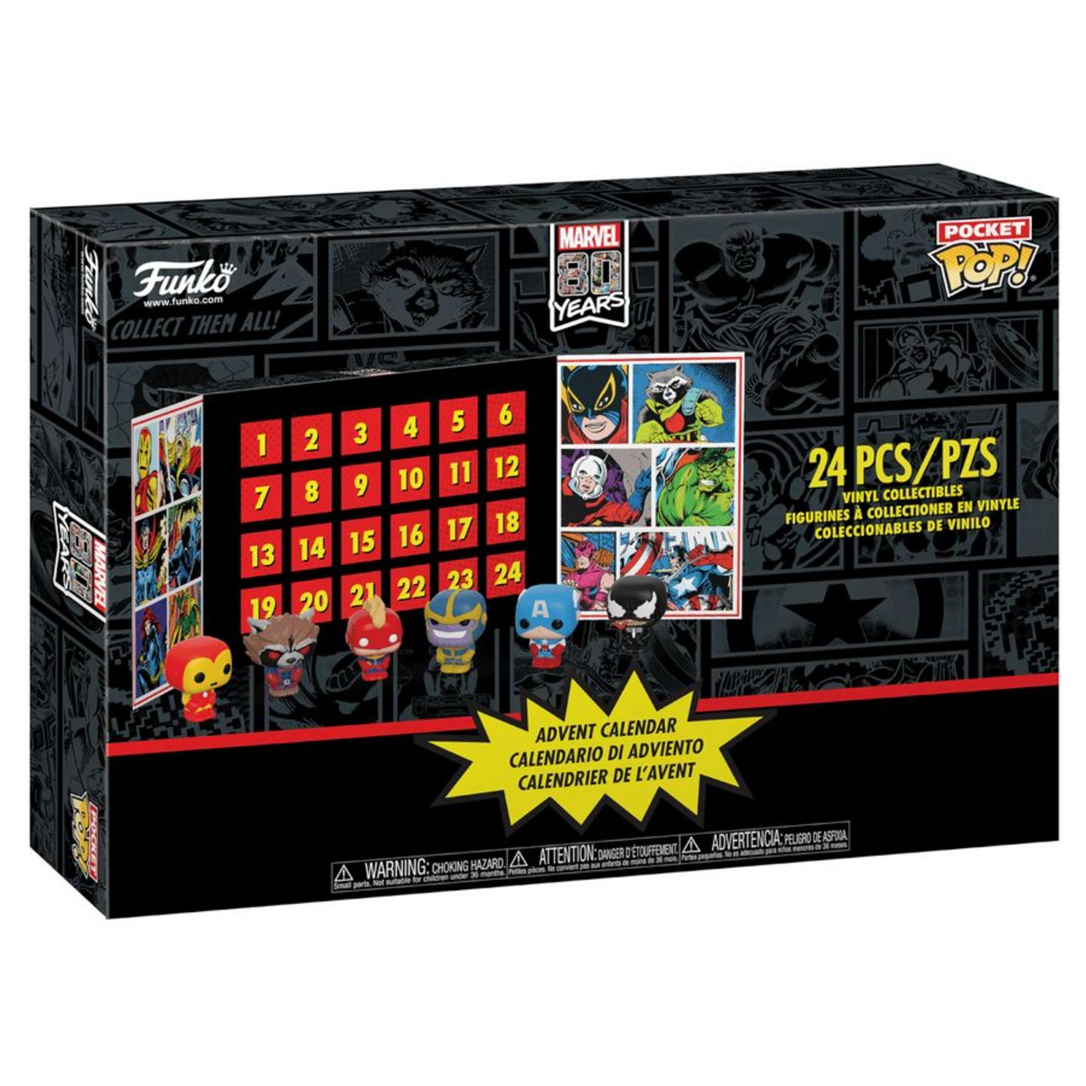 Marvel Pocket Pop! Adventskalender mit 24 Figuren von Marvel-Charakteren.