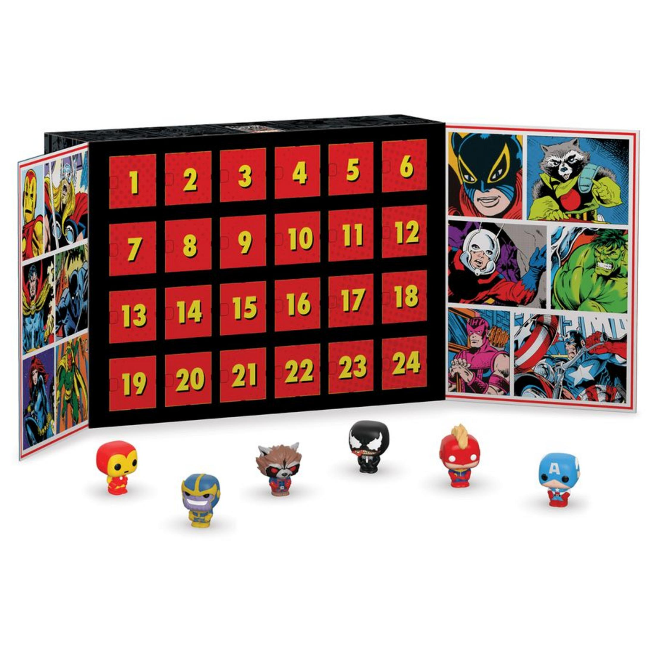 Marvel Adventskalender mit Miniaturfiguren. Enthält verschiedene Marvel-Charaktere und nummerierte Türen.