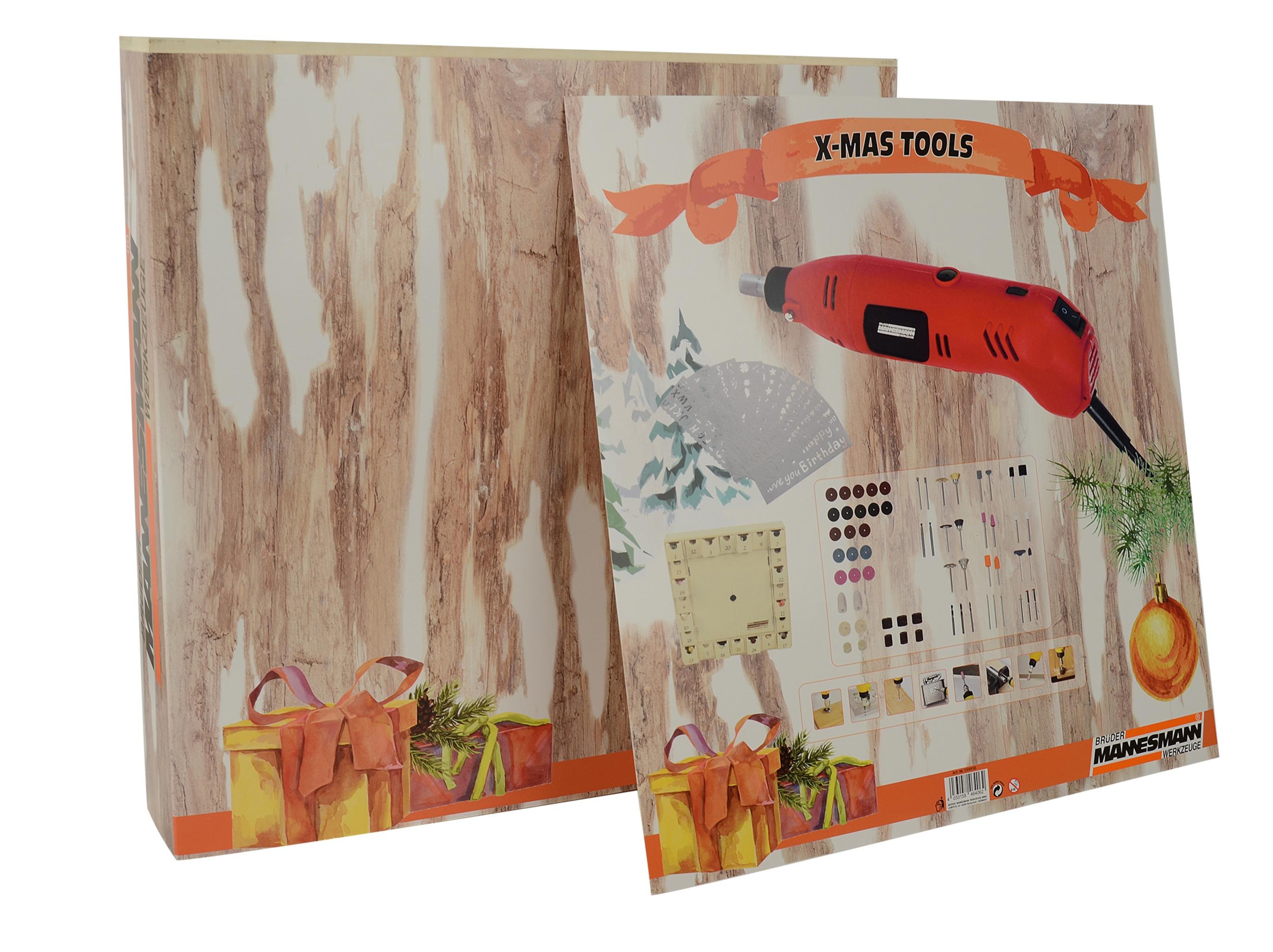X-MAS TOOLS Box. Rotes Rotationswerkzeug, Aufsätze und Weihnachtsdekorationen auf der Box.