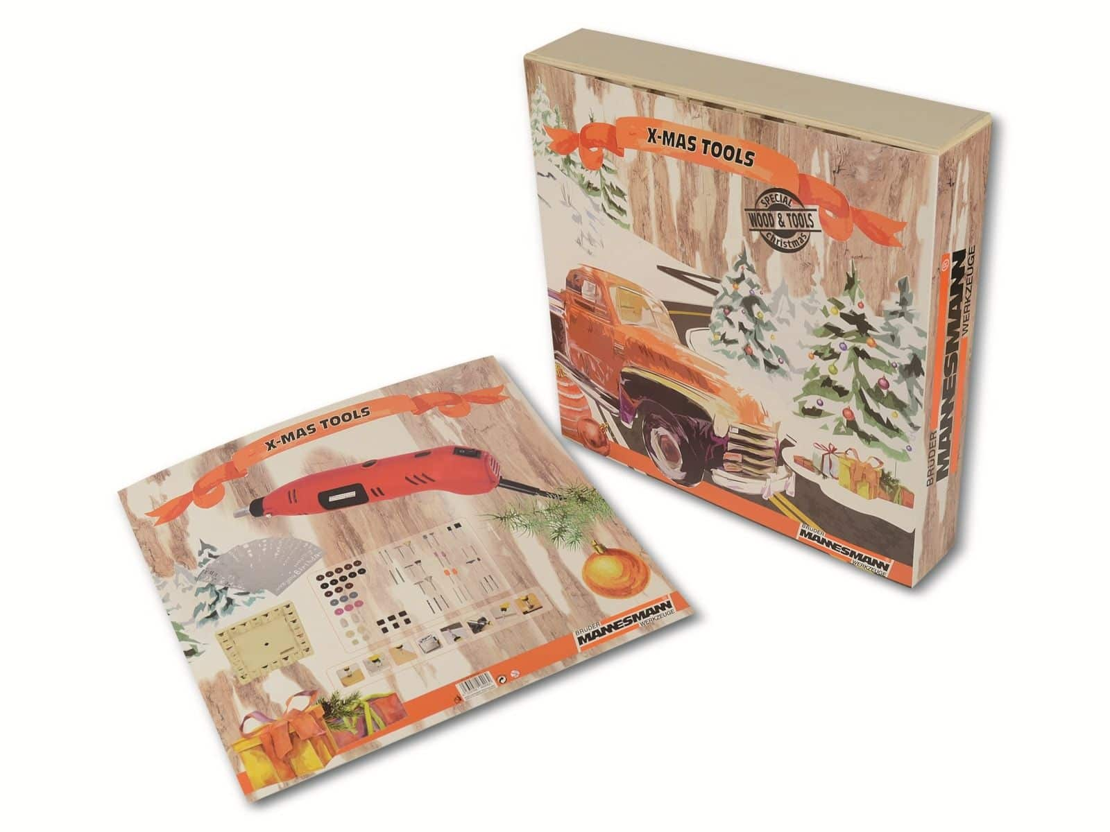 Ein Geschenkbox-Set mit einem Rotationswerkzeug und Zubehör mit festlichem Weihnachtsthema.