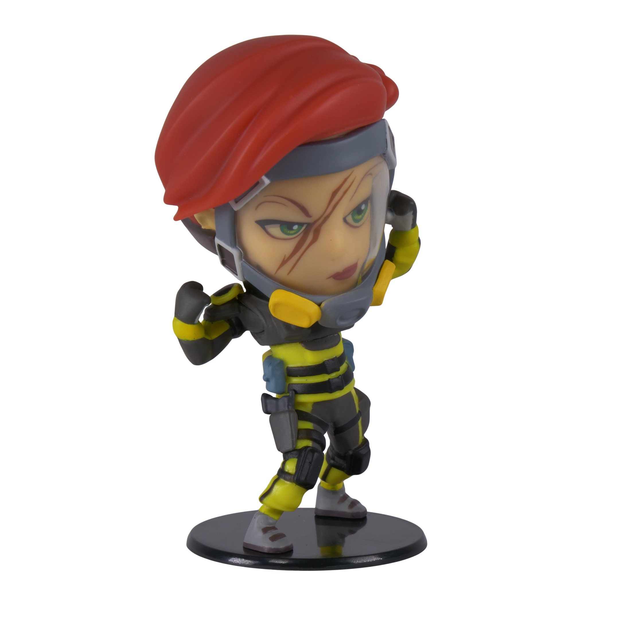 Eine Figur einer Zeichentrickfigur mit rotem Barett und Schutzkleidung.