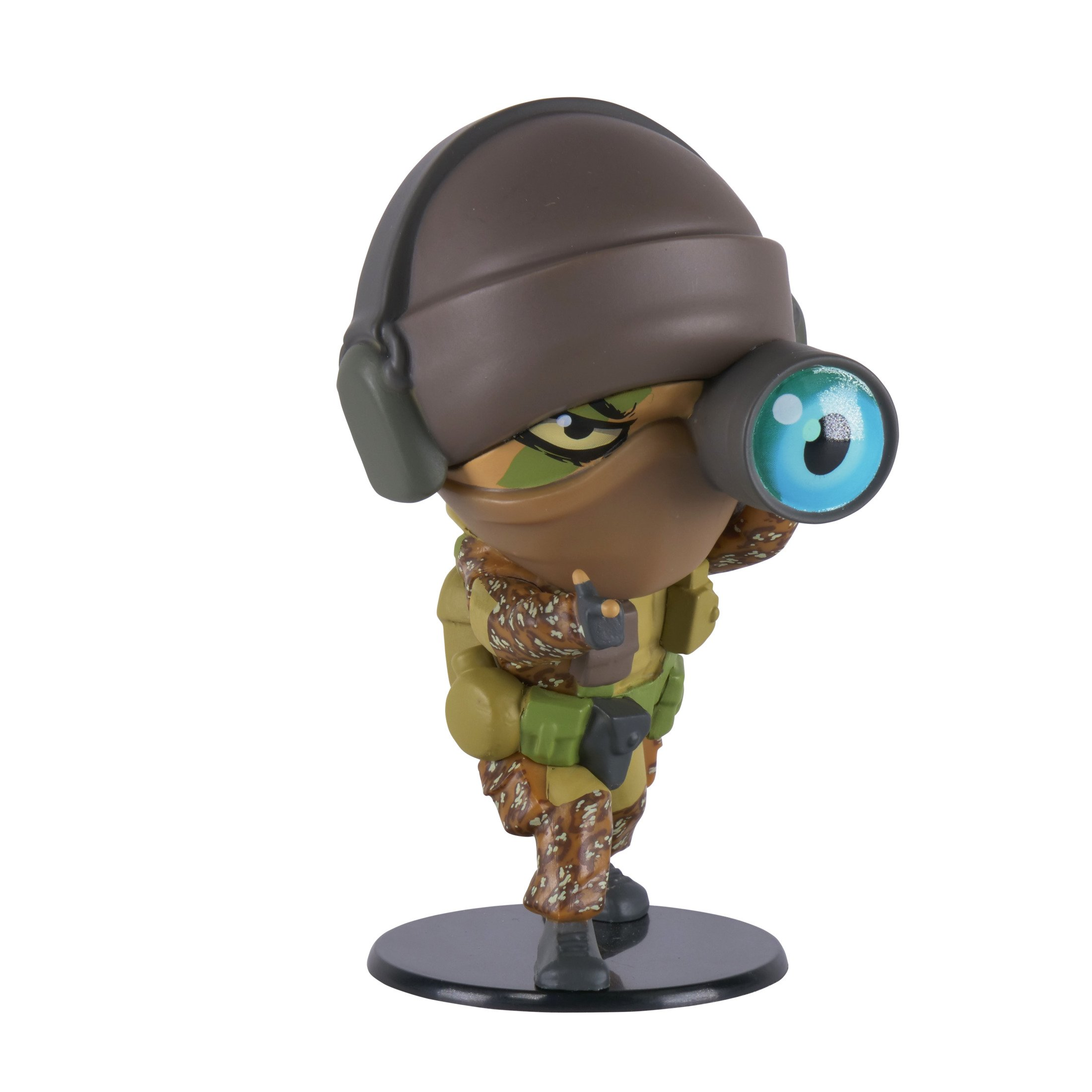 Cartoon-Soldatenfigur mit großem Auge und braunem Helm.