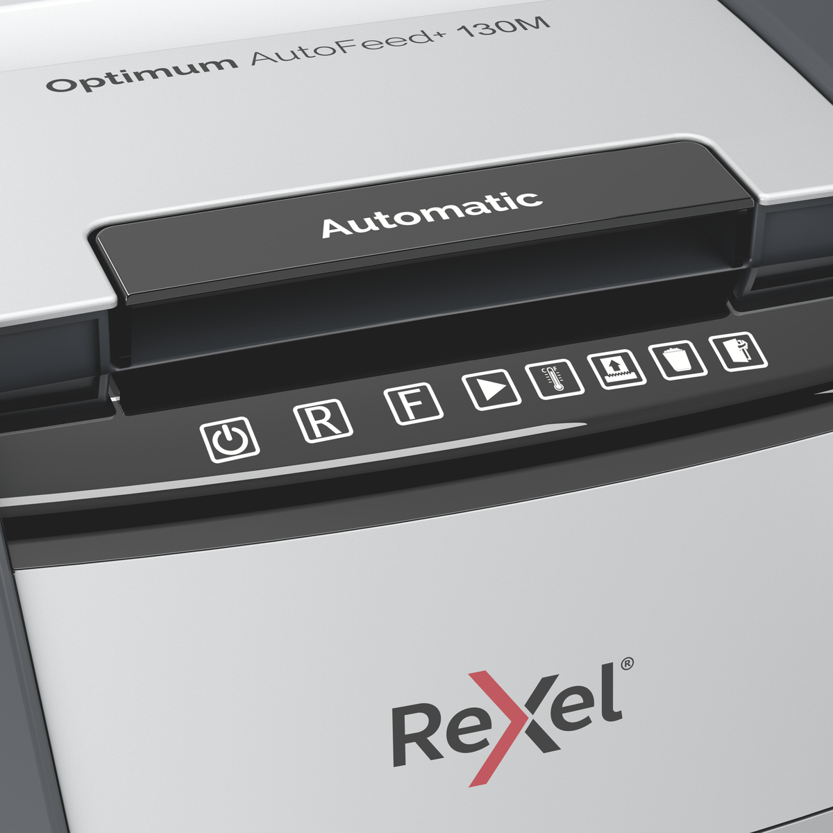 Nahaufnahme des Bedienfelds eines Aktenvernichters mit Tasten und dem Rexel-Logo.
