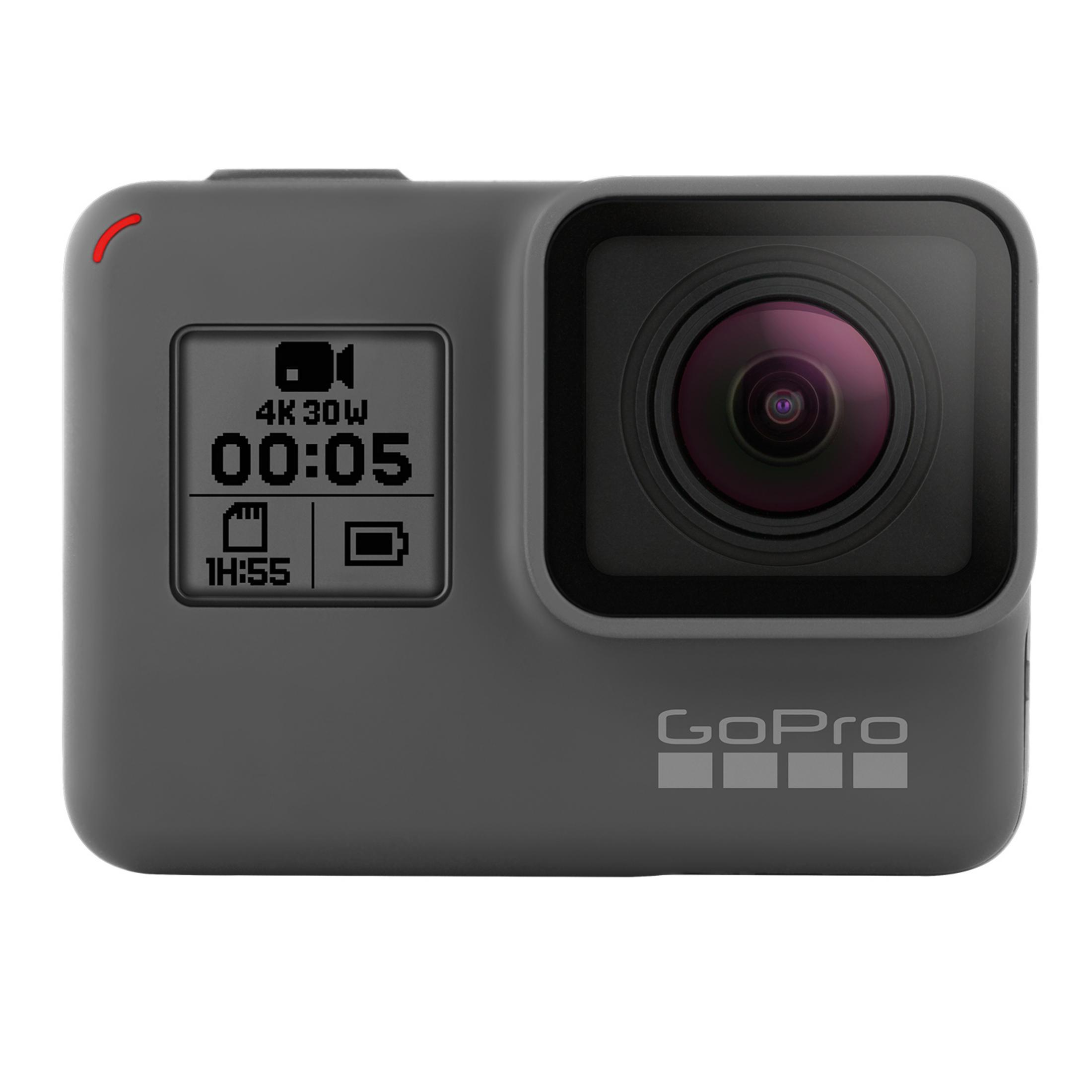 GoPro-Kamera mit Anzeige von 4K 30W, 00:05 und 1H:55M. Die Kamera ist grau mit GoPro-Logo.