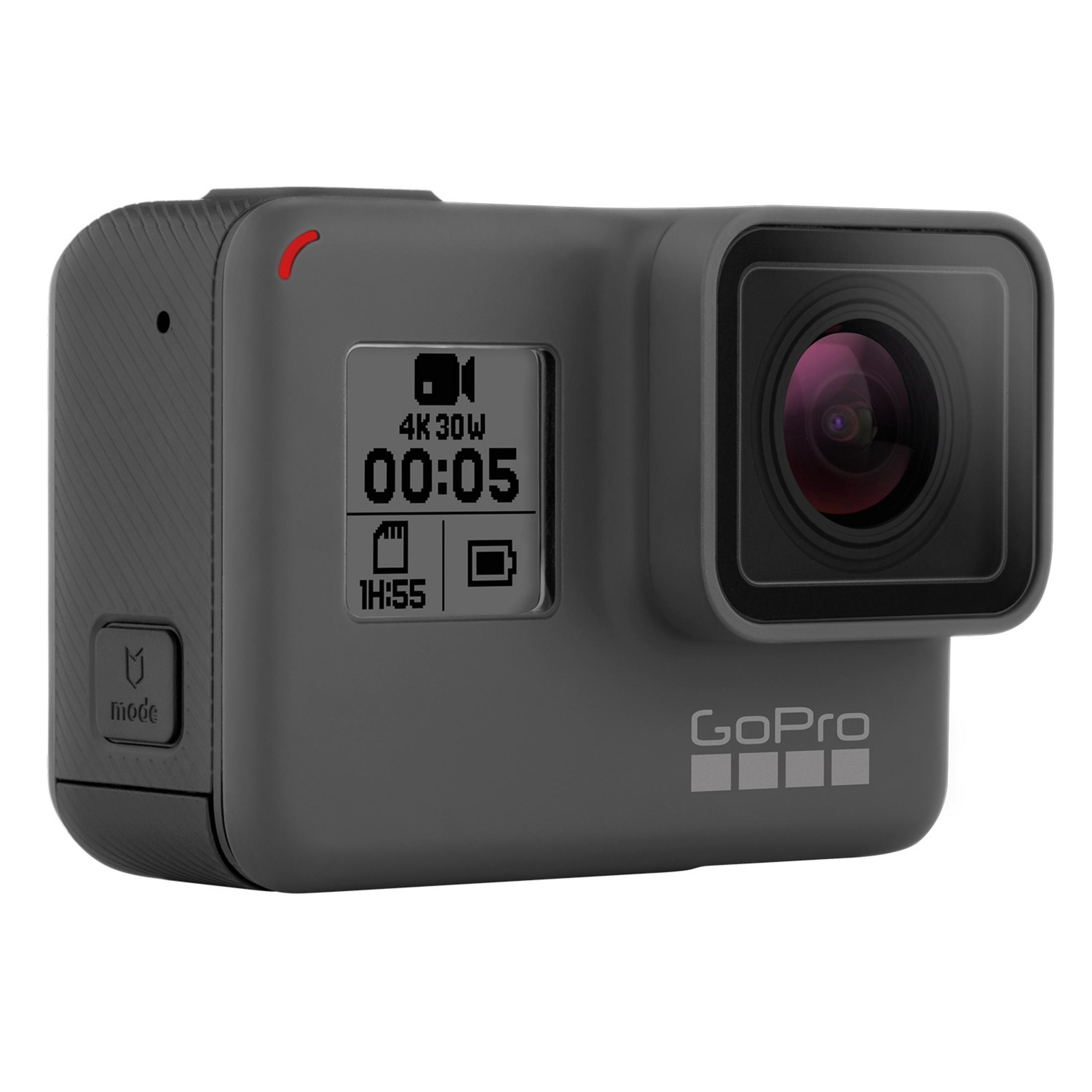 Eine graue GoPro-Actionkamera mit einem Display, das 4K 30W, Zeit und Batteriestatus anzeigt, vor weißem Hintergrund.