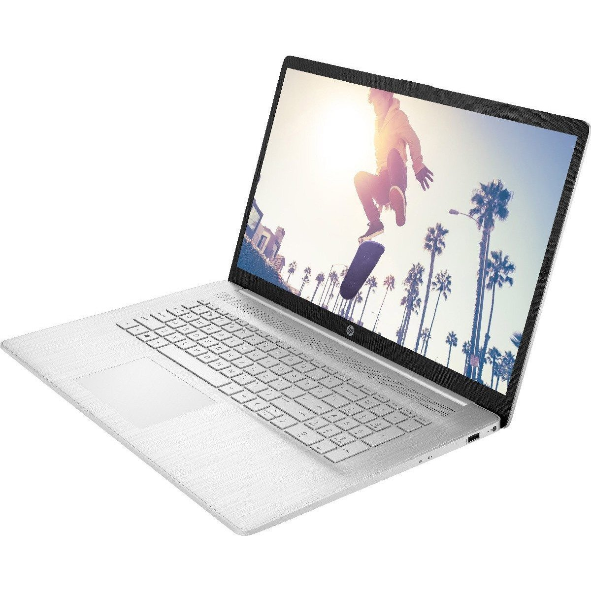 Weißes Laptop offen, Tastatur und Bildschirm zeigend.