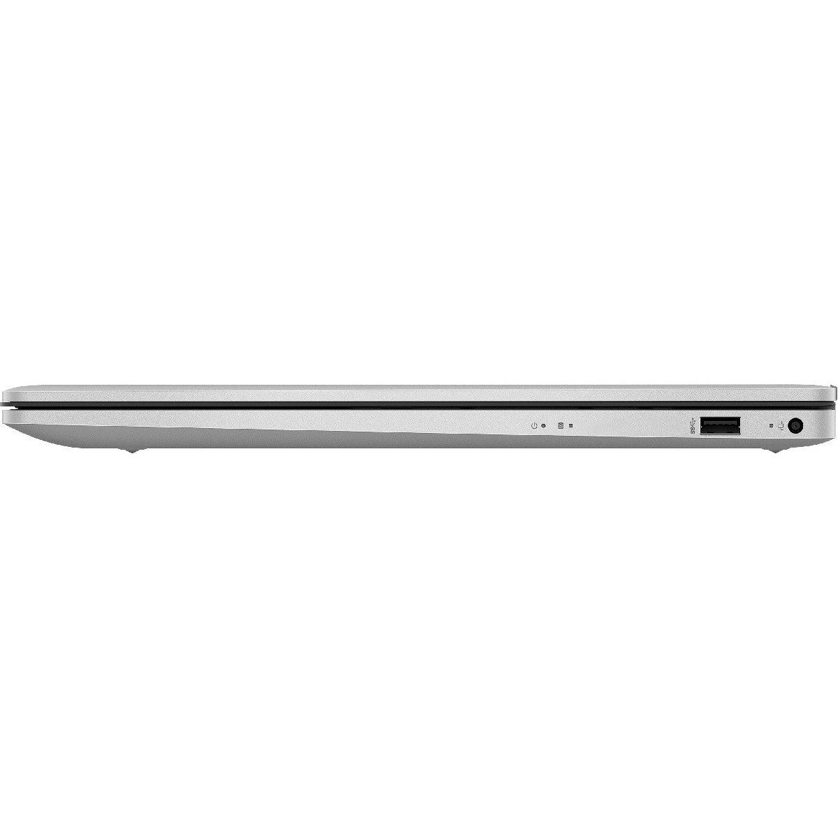 Silberner Laptop, Seitenansicht. Anschlüsse sichtbar. Weißer Hintergrund.