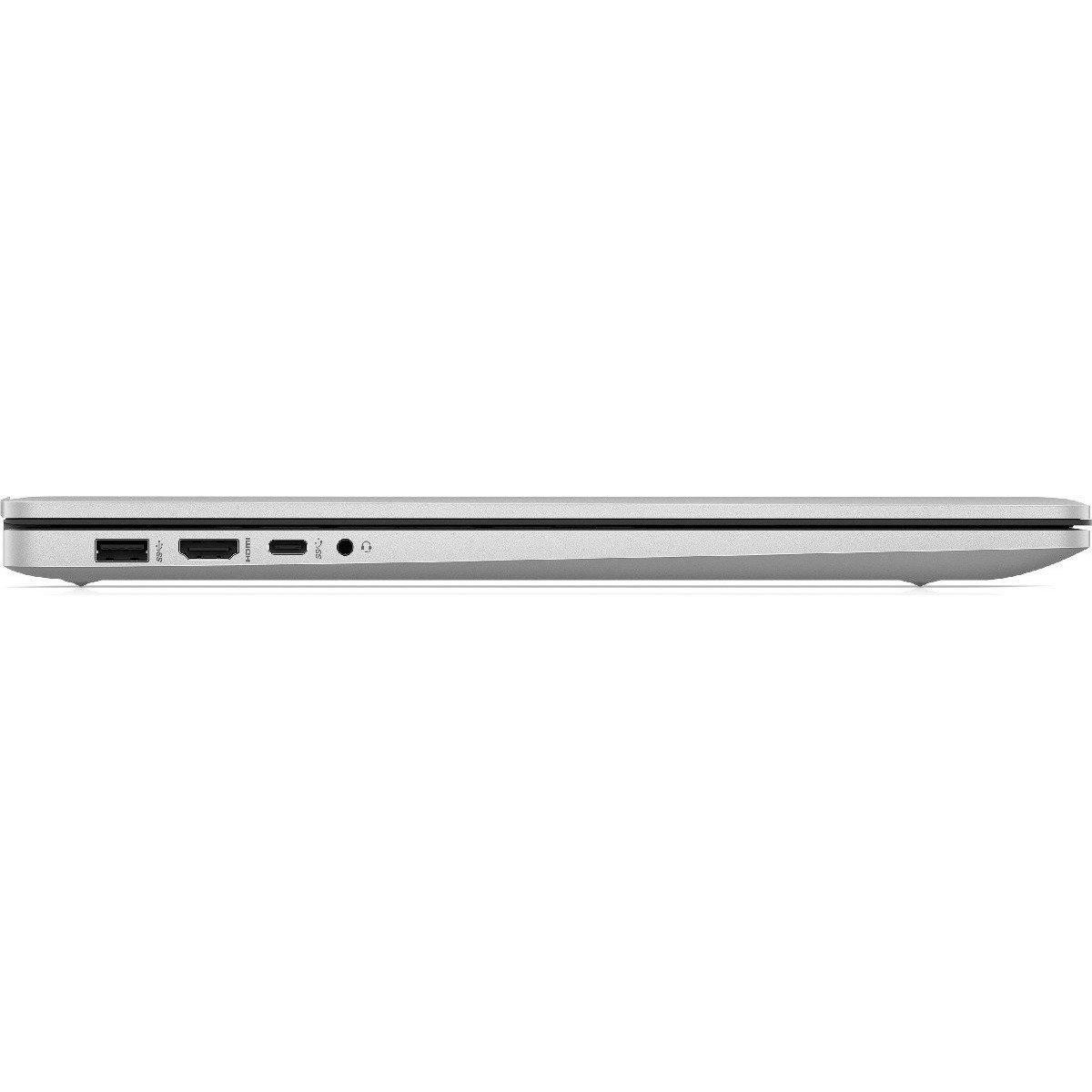 Seitenansicht eines silbernen Laptops mit Anschlüssen und Kopfhöreranschluss. Der Bildschirm ist geschlossen.
