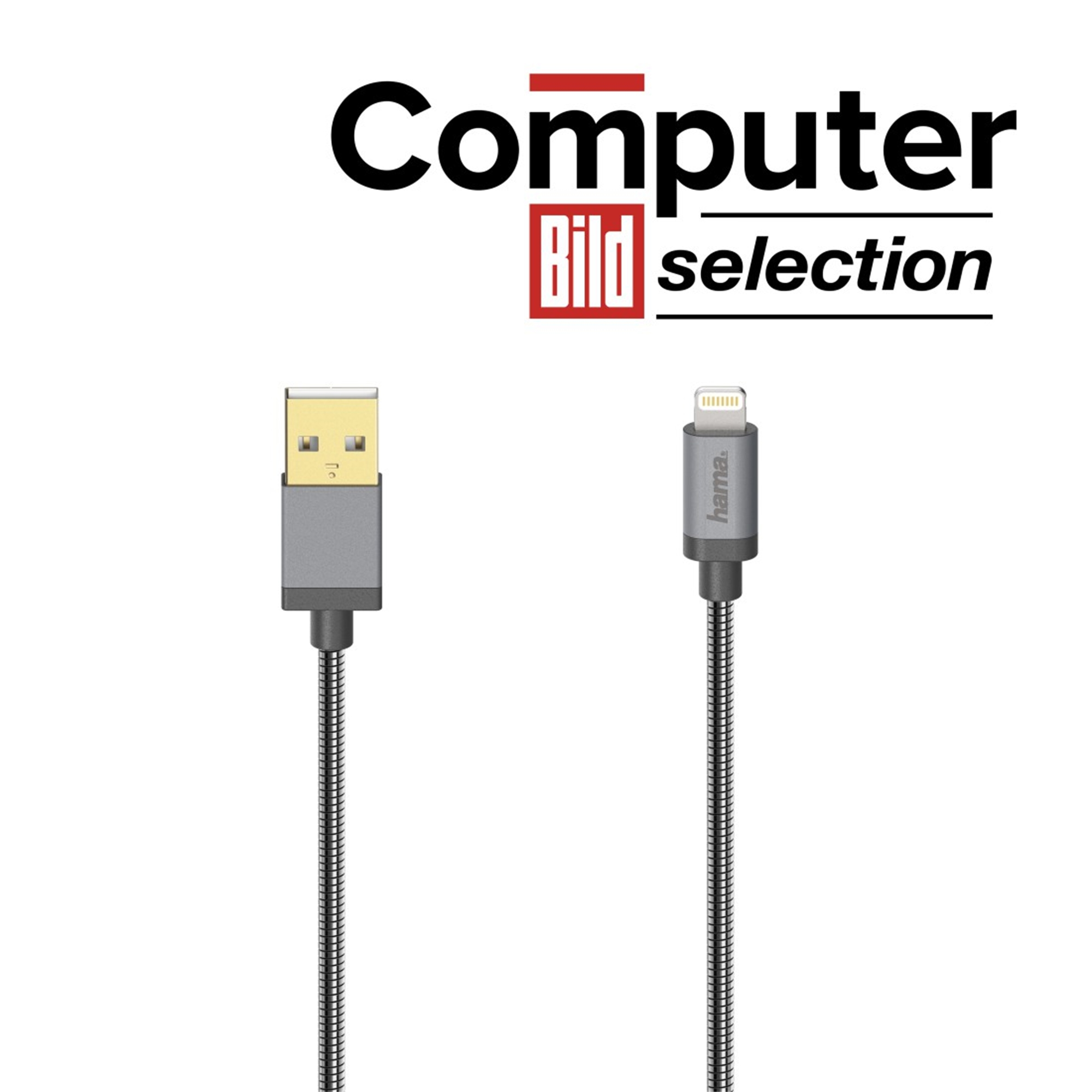 Cavo da USB a Lightning su sfondo bianco, con le parole 'Computer Bild selection'.