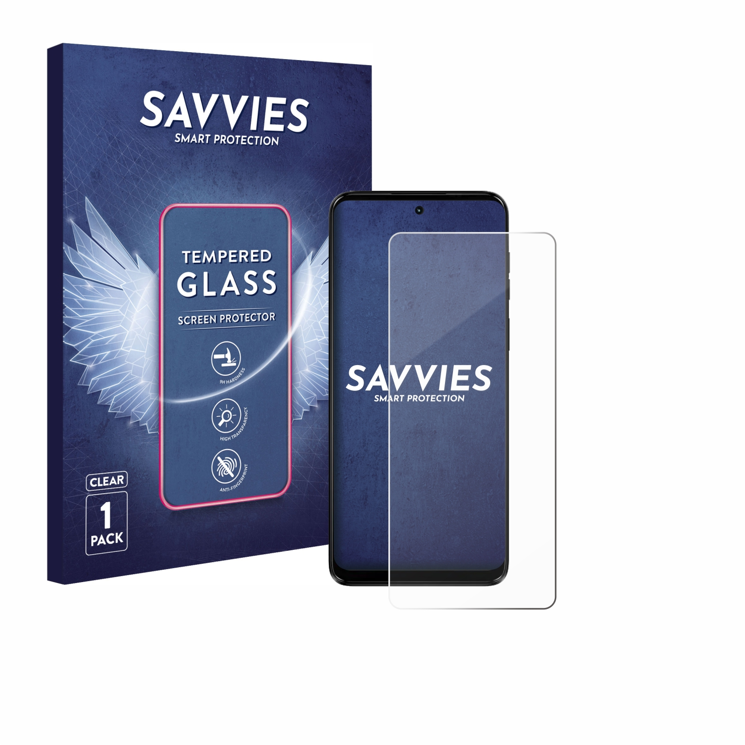 Telefon und Displayschutzfolienbox, beides auf weißem Hintergrund. Die Box zeigt den Schutz.