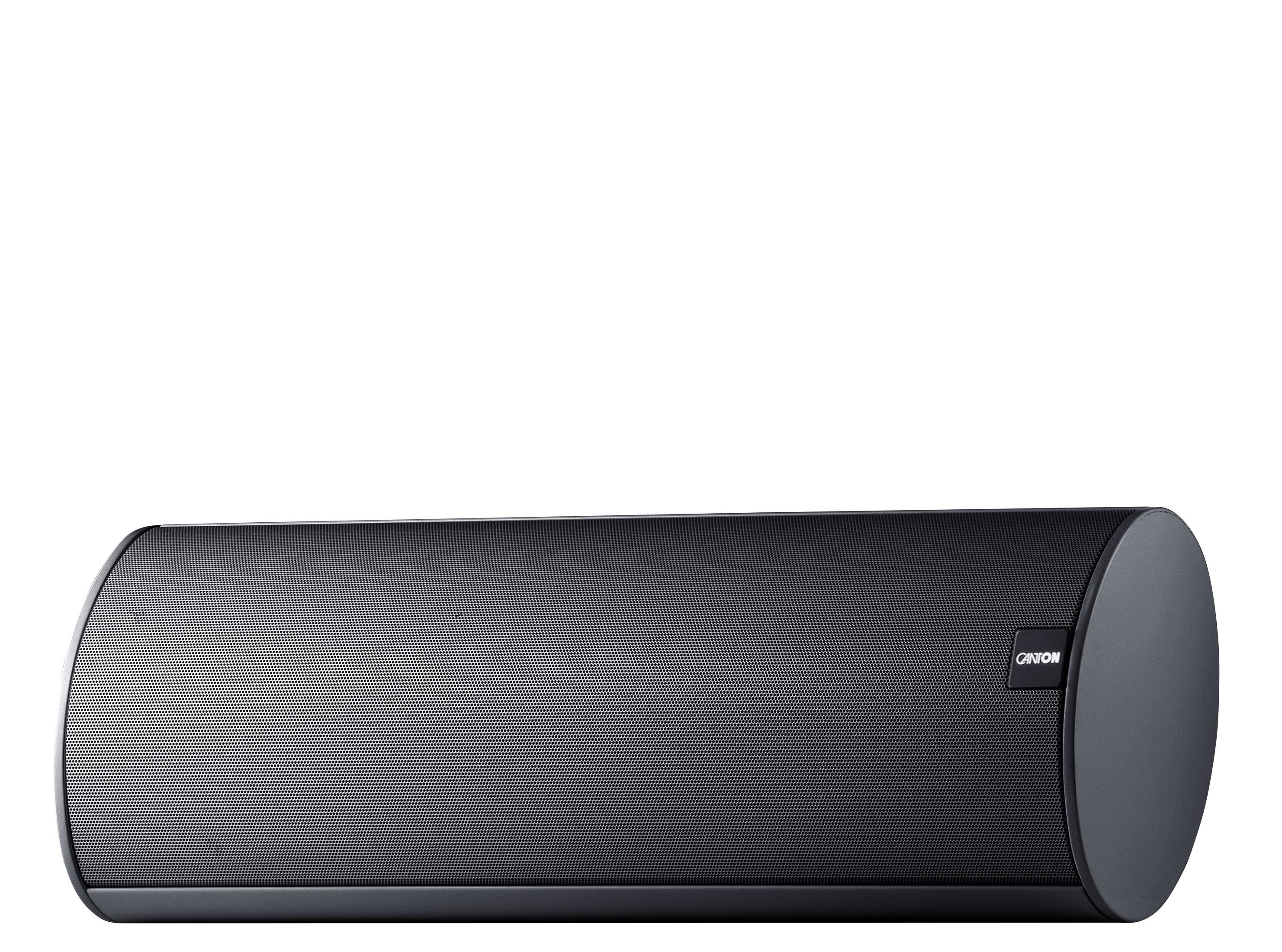 Eine lange, schwarze Canton Soundbar, oval geformt, liegt horizontal vor weißem Hintergrund.