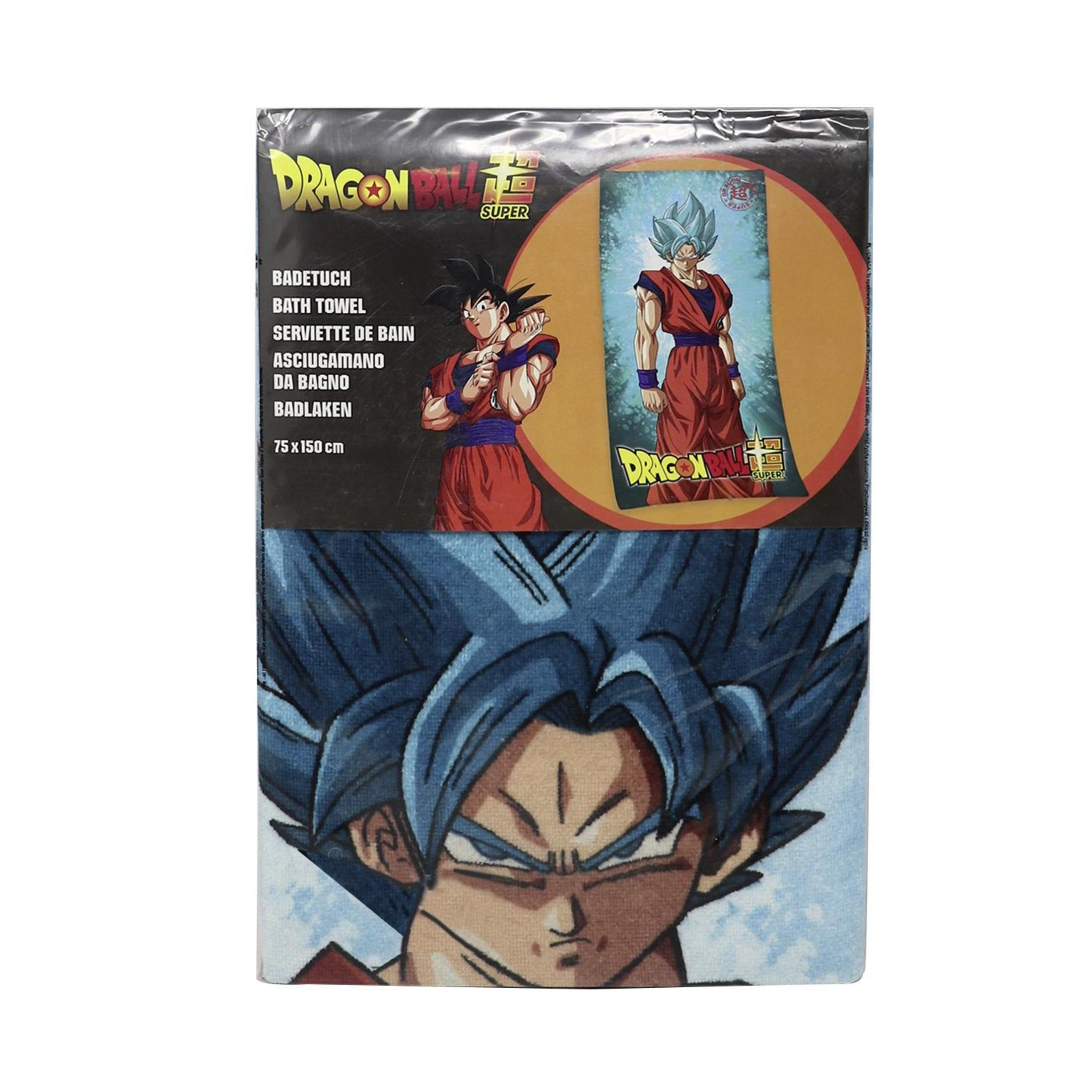 Dragon Ball Super Handtuchverpackung mit Bildern von Goku und Text in mehreren Sprachen.