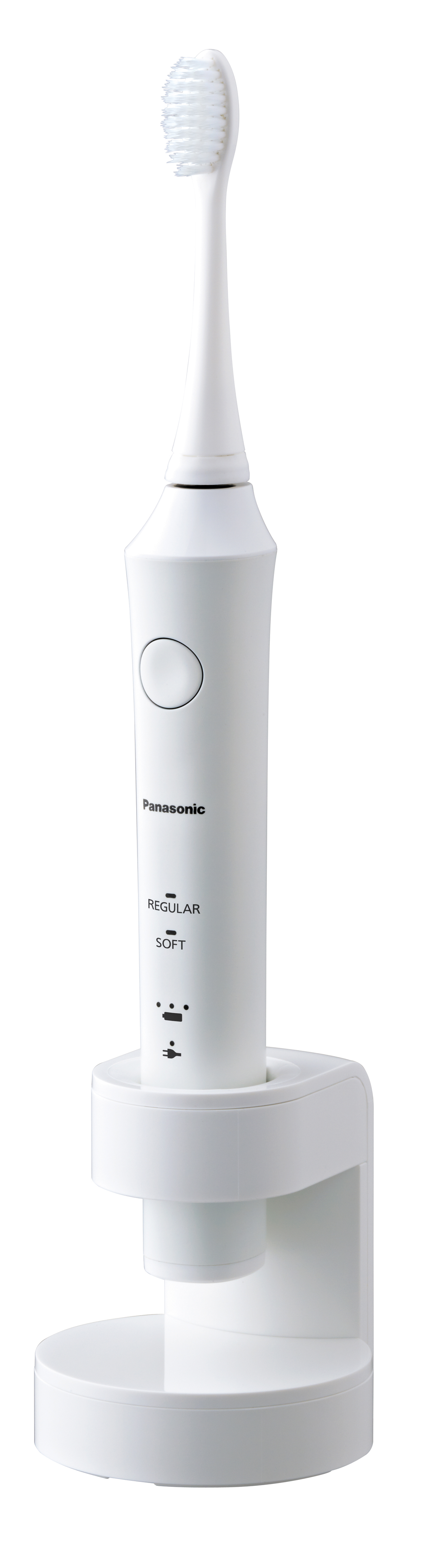 Biała elektryczna szczoteczka do zębów stoi pionowo w swojej białej stacji ładującej. Główka szczoteczki jest na górze.