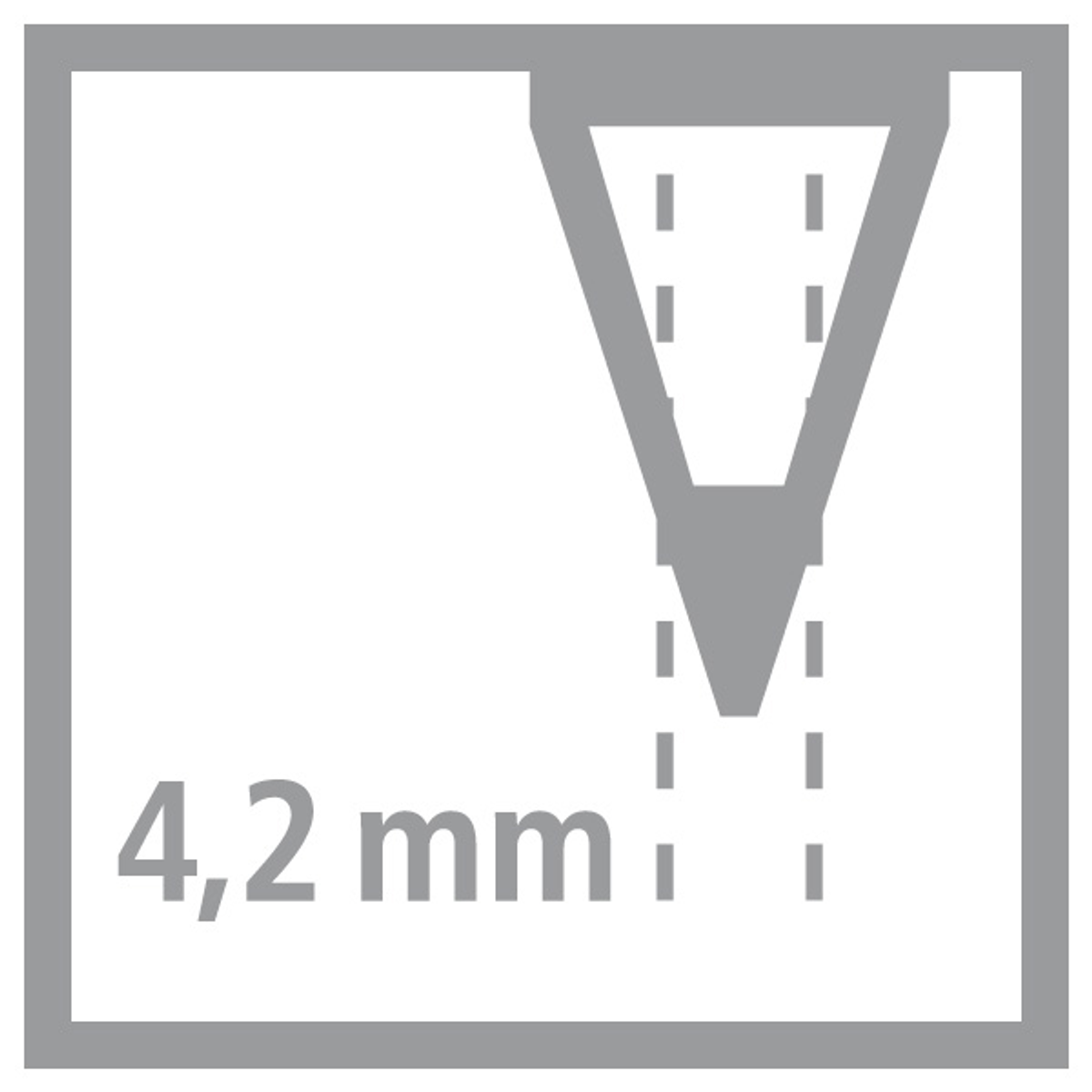 Ein graues Quadrat mit einer schwarzen Pfeilgrafik nach unten und dem Text "4,2 mm".