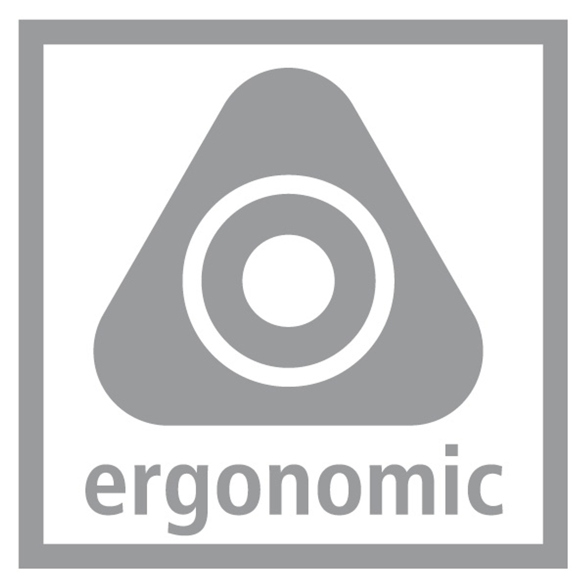 Ein graues Dreieck mit einem Kreis darin, in einem Quadrat. Das Wort 'ergonomisch' steht darunter.