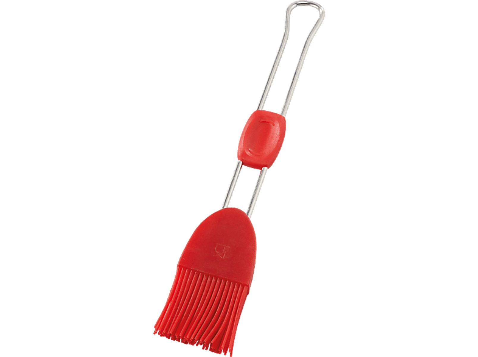 Roter Silikonpinsel mit Metallgriff, zum Kochen verwendet.