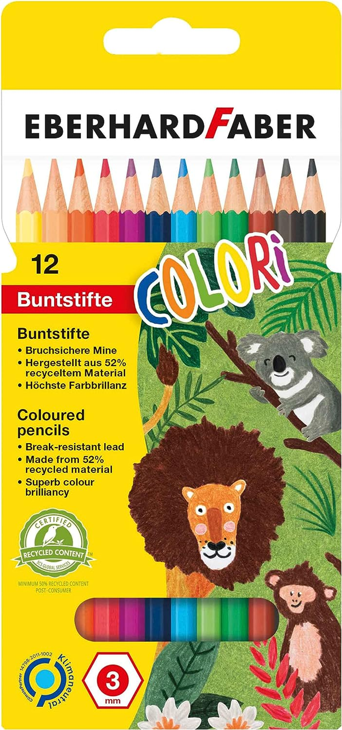 Eine Packung mit 12 Farbstiften. Die Stifte befinden sich in einer Box mit Text und Bildern von Löwen und Koalas.