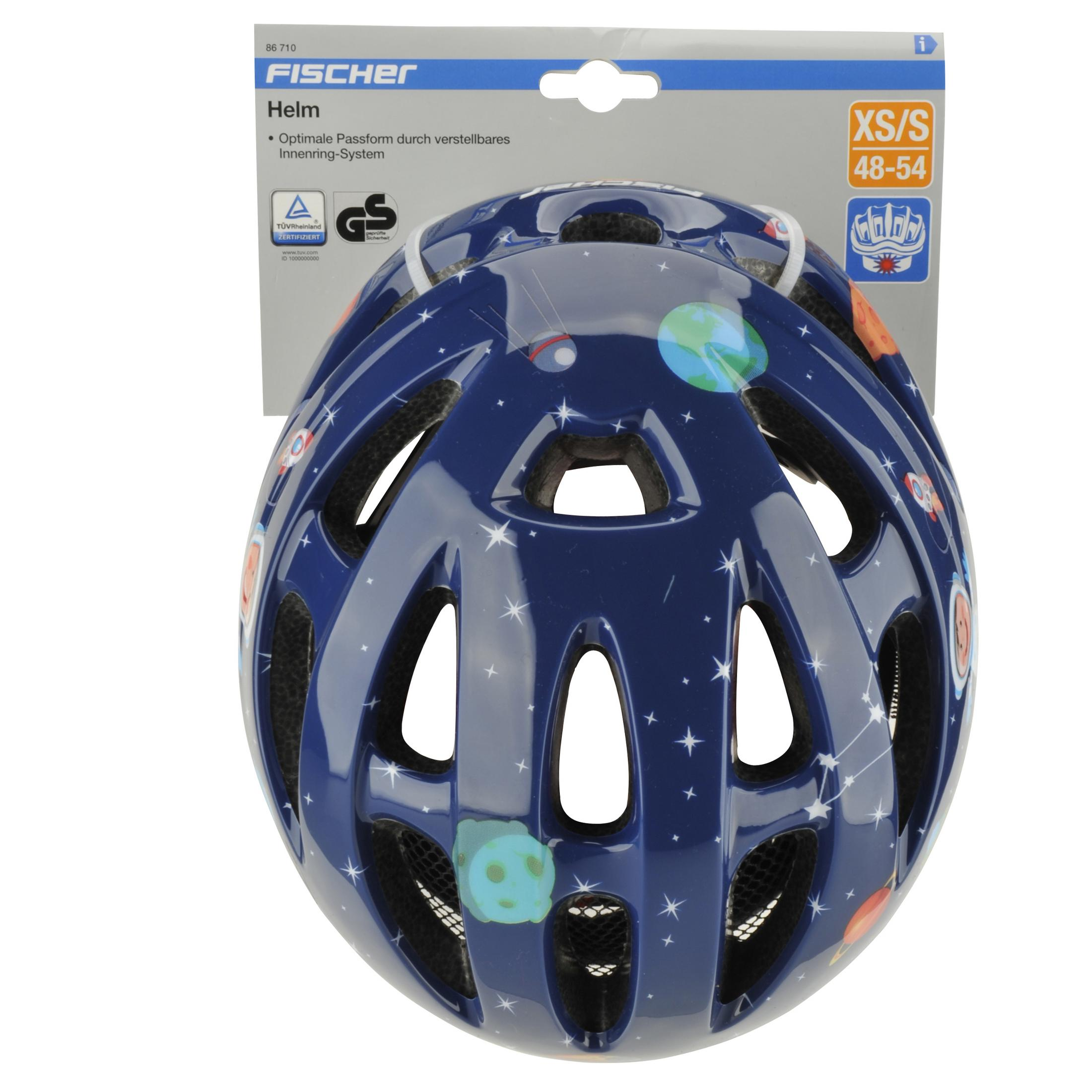 Blauer Helm mit Planeten- und Sternengrafiken, für Kinder. Mit einstellbarem Passformsystem.