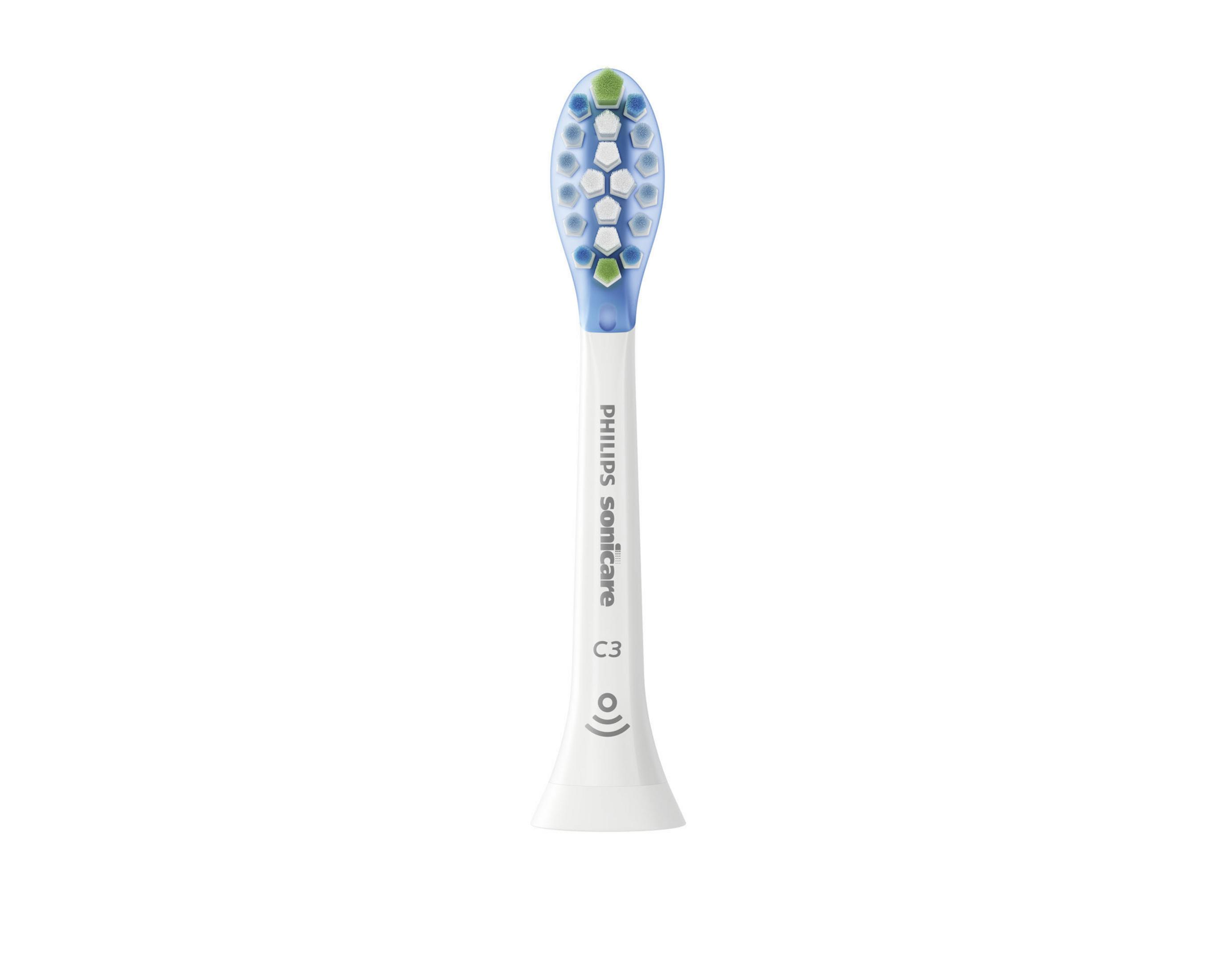 Weißer Philips Sonicare Zahnbürstenkopf. Blaue und weiße Borsten mit grünen Akzenten. Weißer Hintergrund.