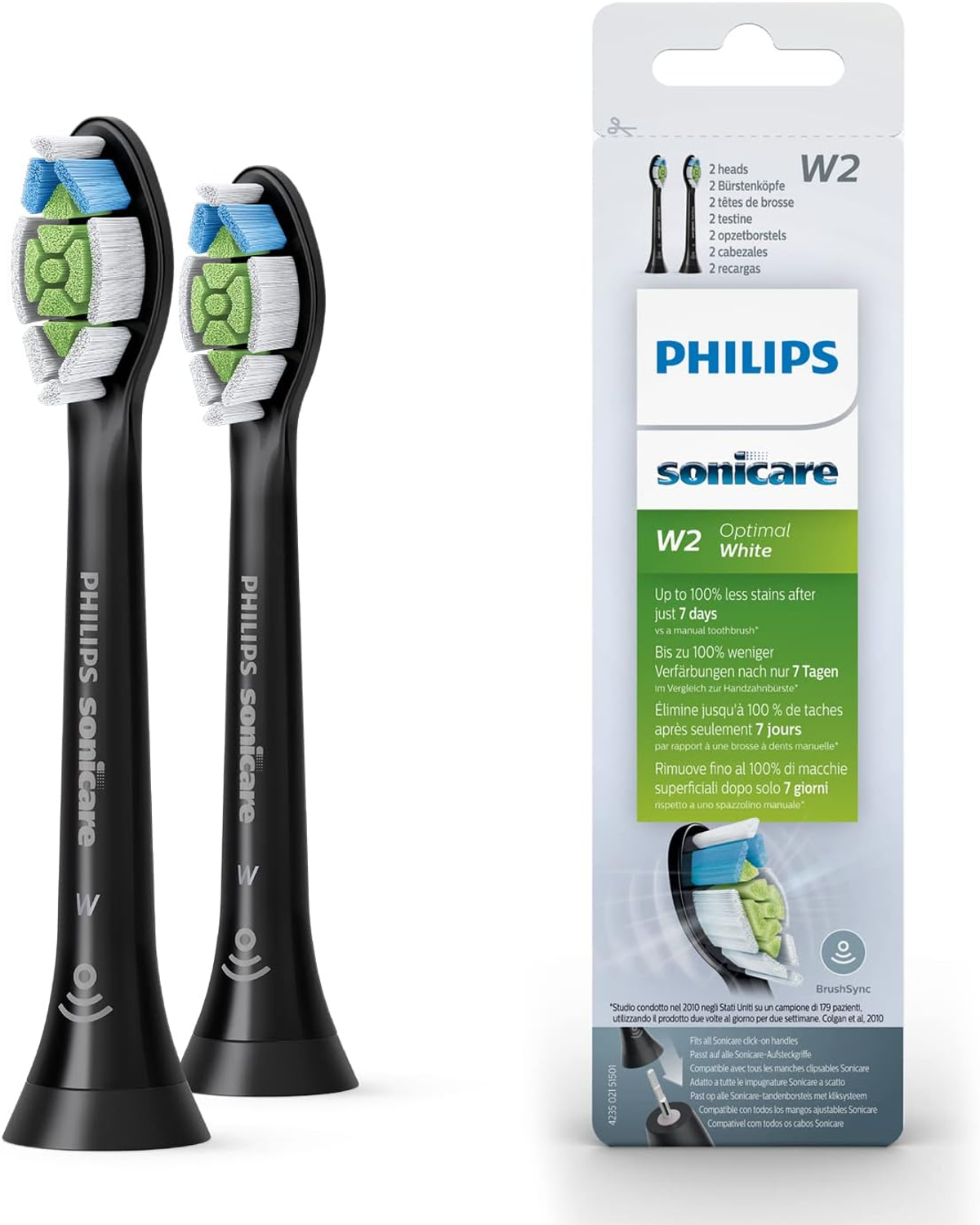 Zwei Philips Sonicare Zahnbürstenköpfe, schwarz, mit grünen und weißen Borsten.