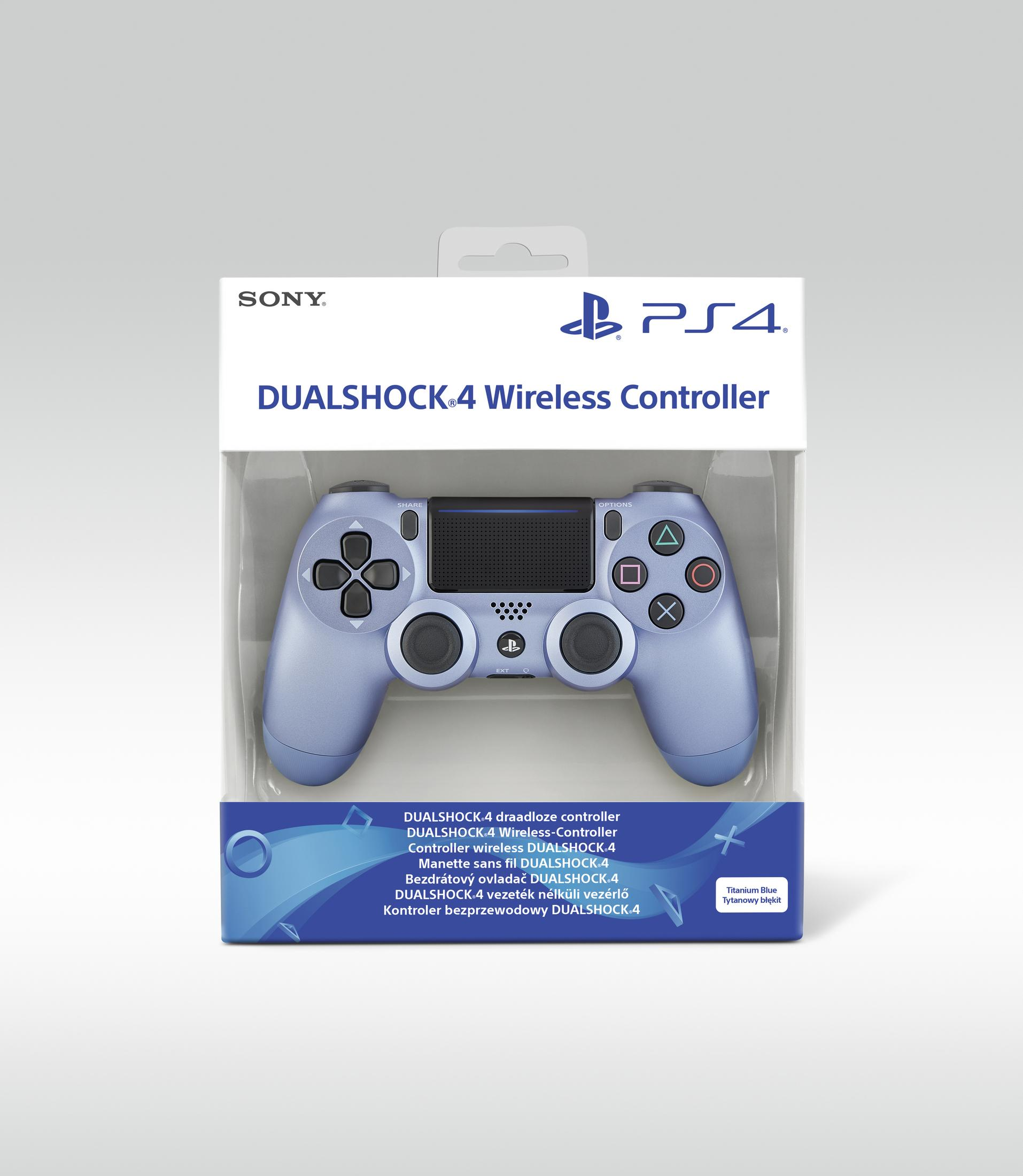 Ein blauer Sony Dualshock 4 kabelloser Controller in Originalverpackung.