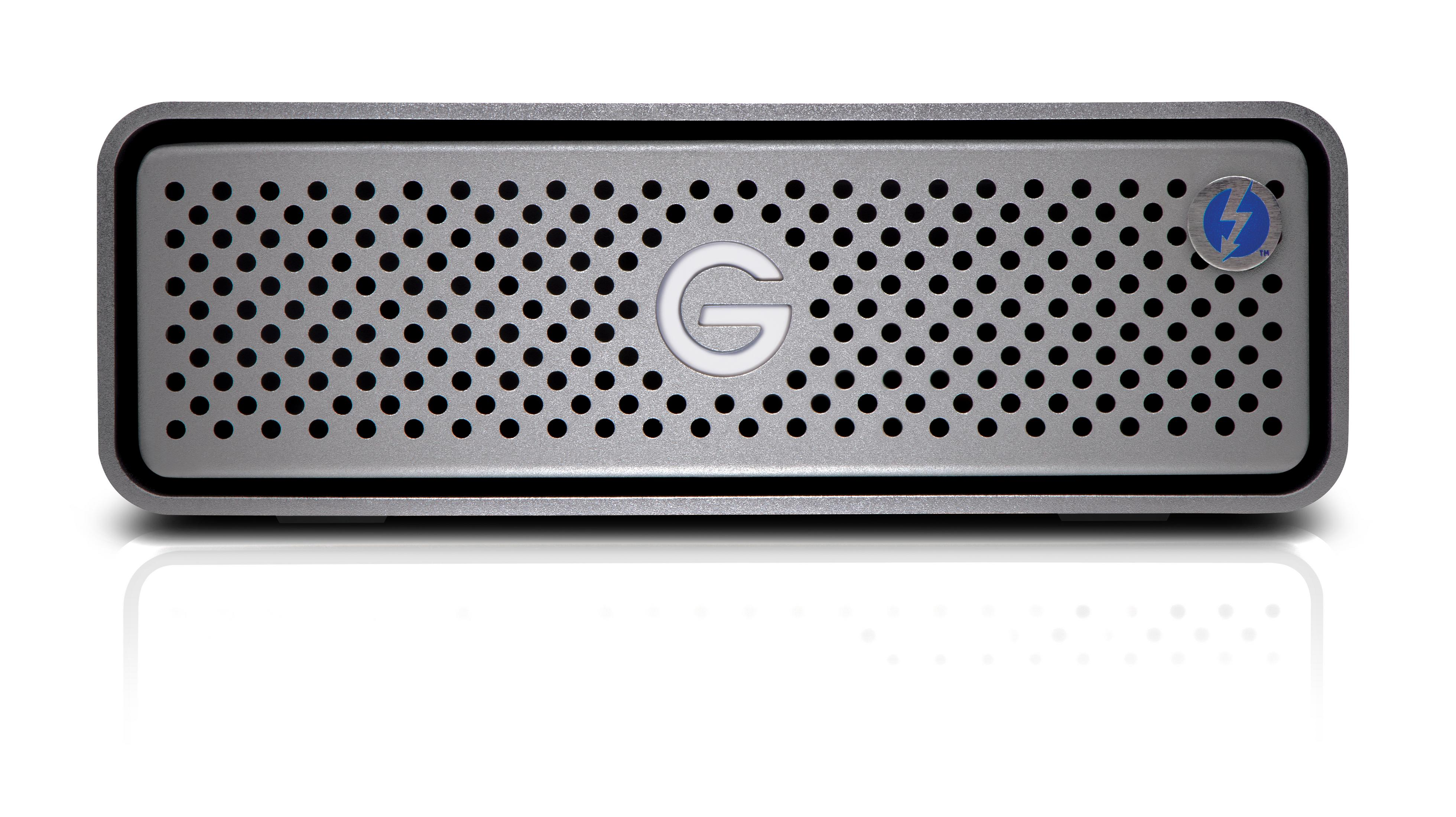 Srebrny zewnętrzny dysk twardy z literą G pośrodku i symbolem błyskawicy.